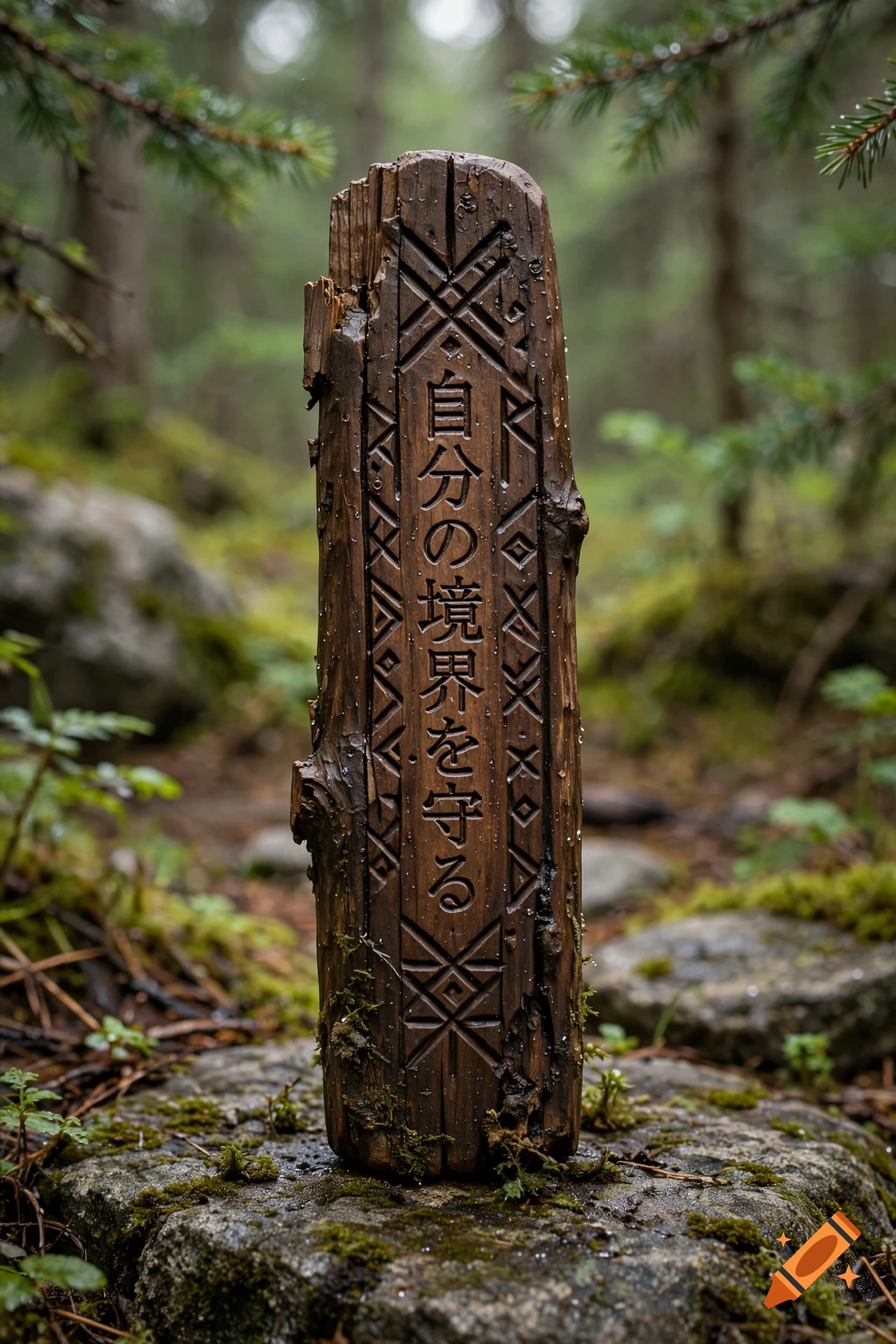 Photorealistic image of a carved wooden stabrune standing on mossy forest rocks, featuring Japanese text.