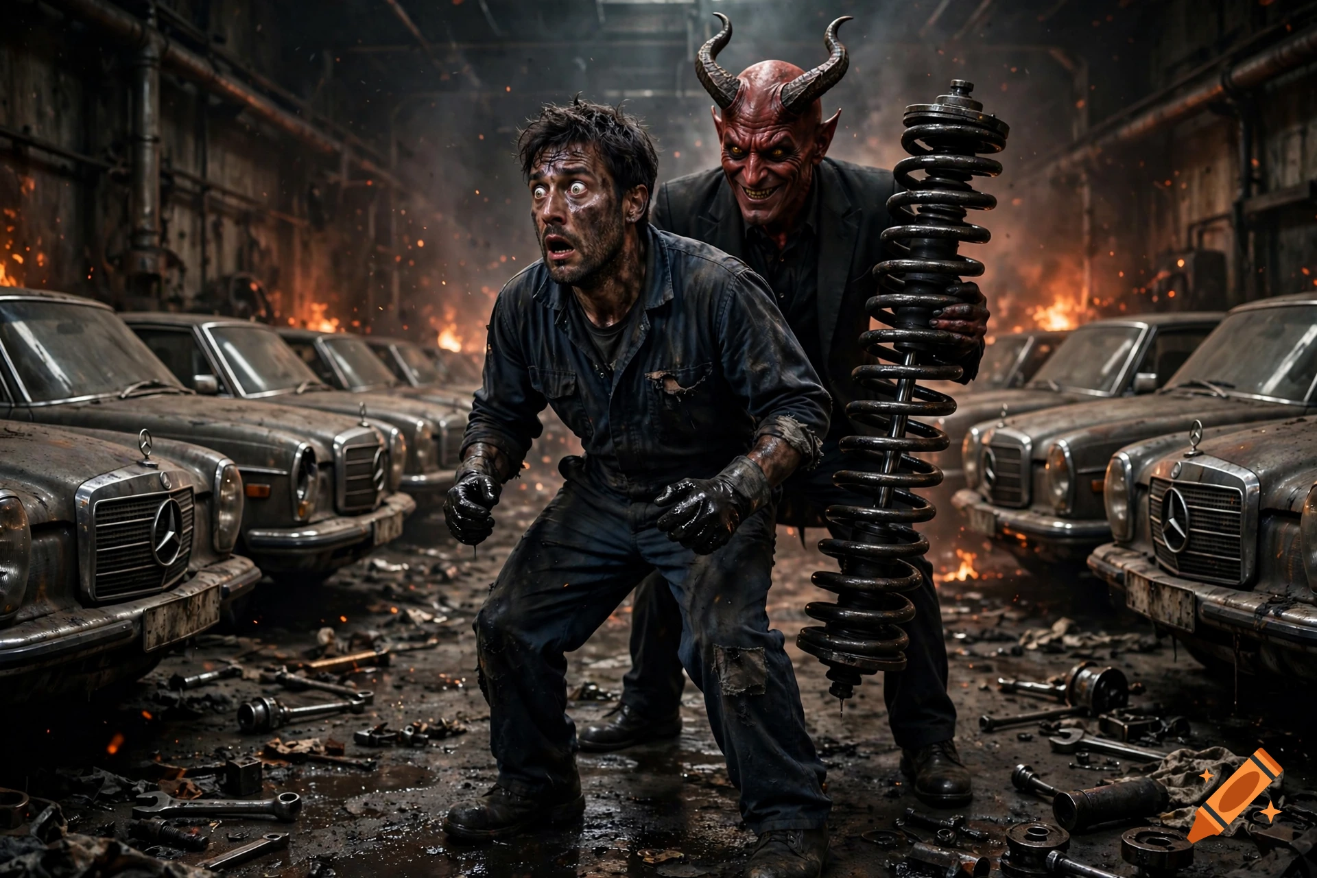 Photorealistic image of a panicked car mechanic in a fiery industrial garage, with a smiling devil holding a large spring behind him.