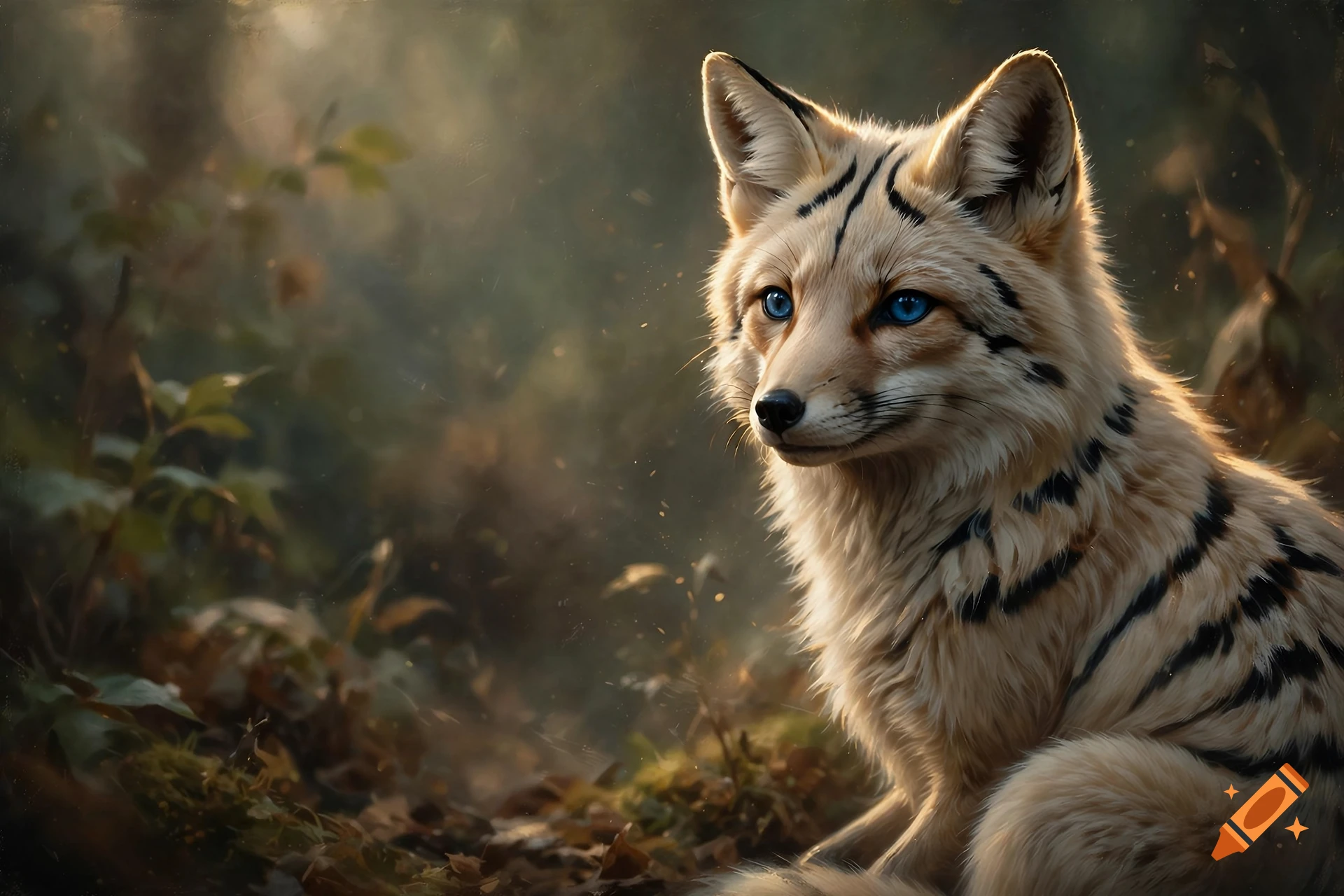 A light-colored fennec-like fox with black stripes and vibrant blue eyes, sitting in a forest.