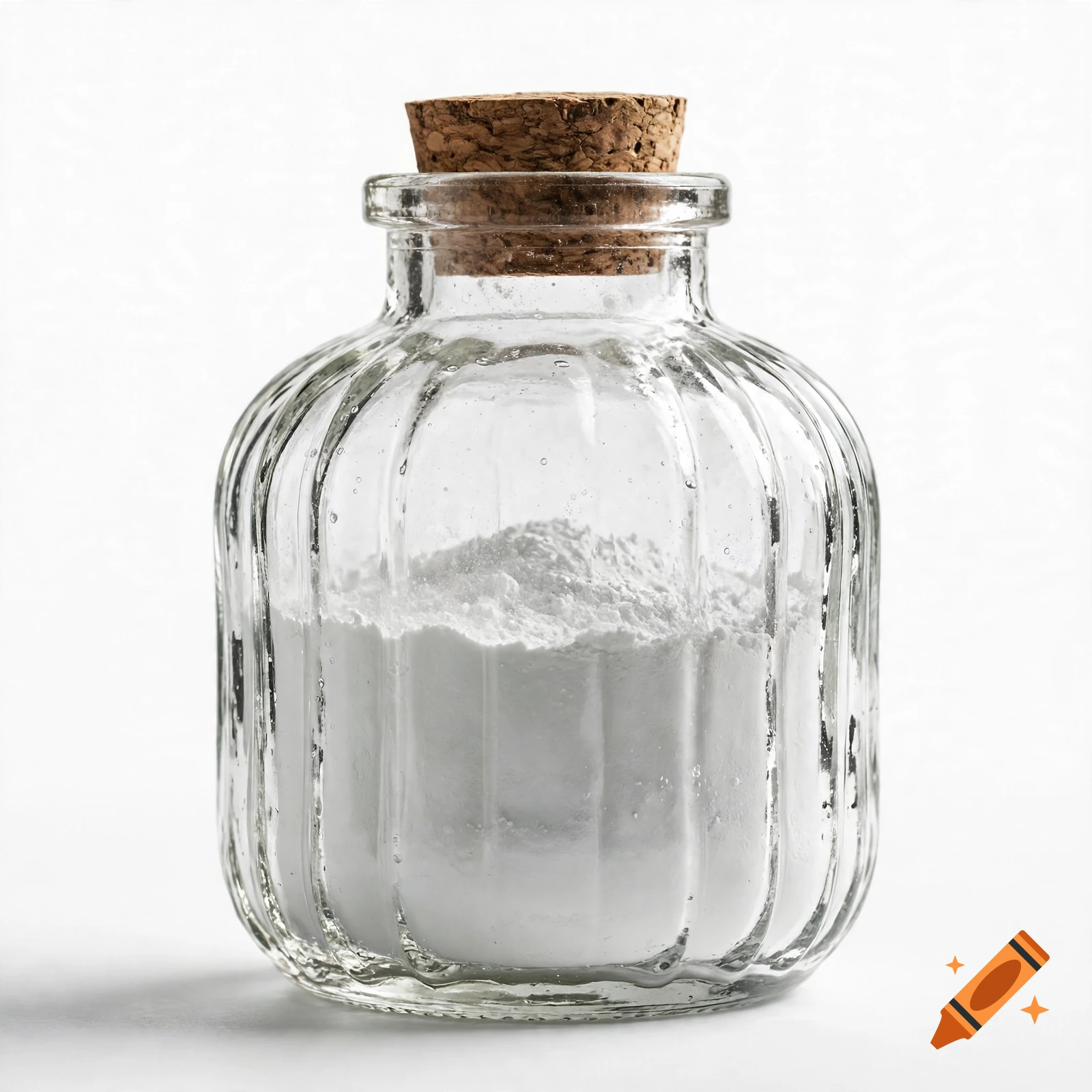 A vintage glass apothecary jar filled with white powder, sealed with a cork stopper, on a white background.