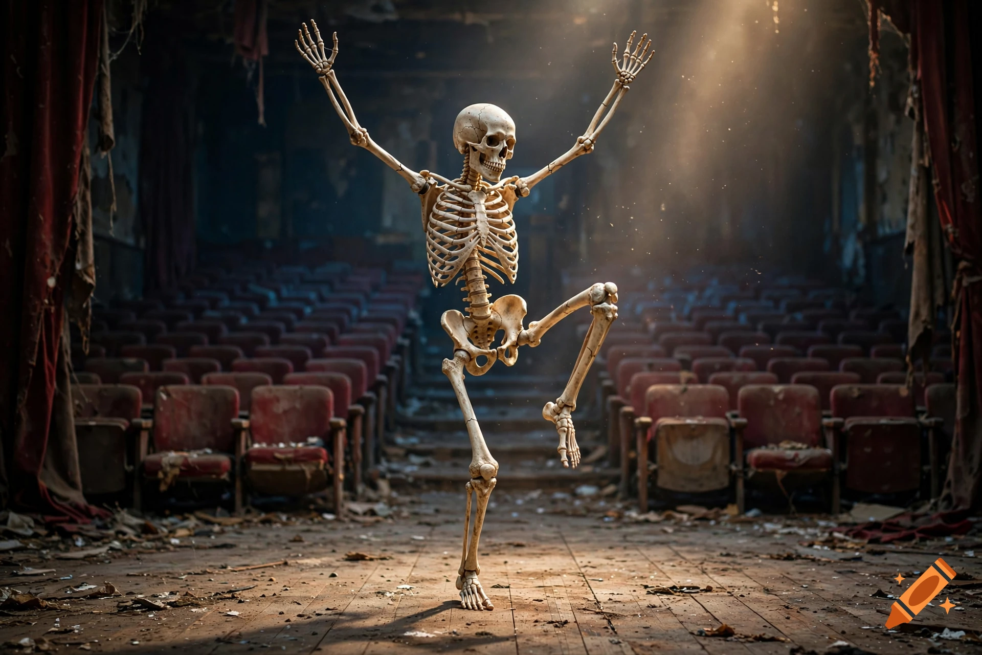 A photorealistic skeleton dancing energetically on a wooden stage in an abandoned, decaying theater.