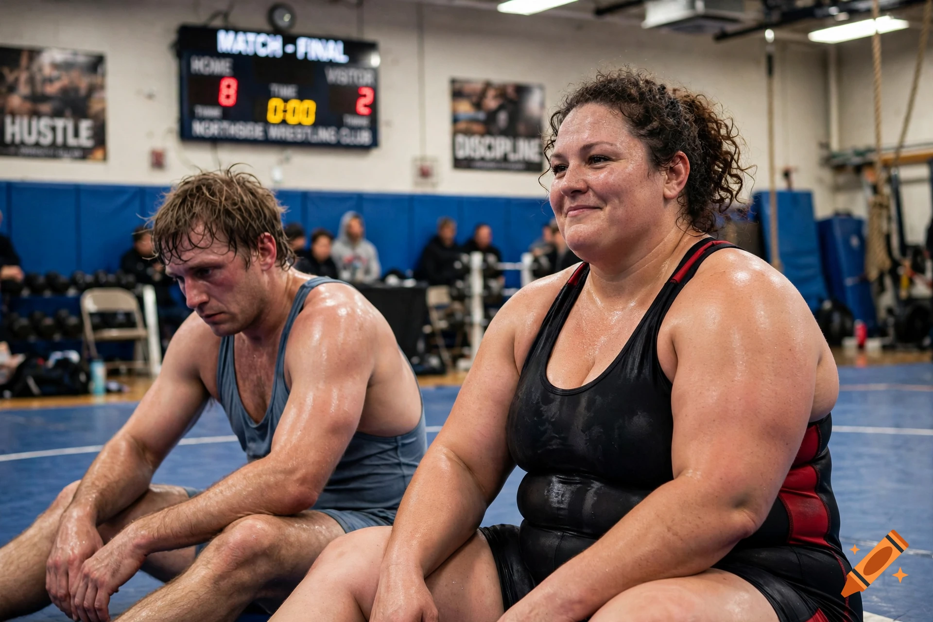 Photorealistic image of a sweaty female wrestler smiling sitting next to her defeated male opponent in a gymnasium.