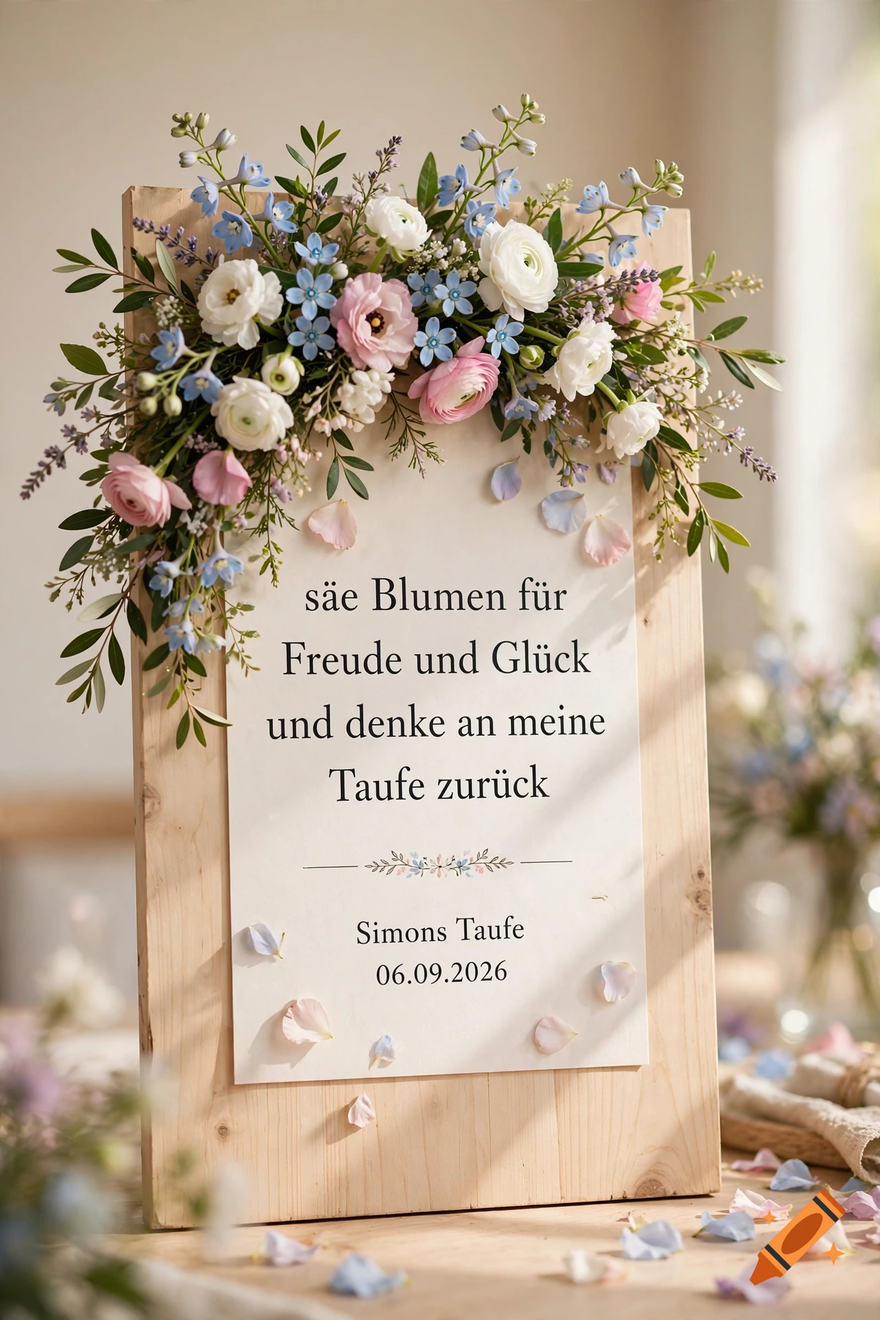 A wooden sign with a floral arrangement on top, featuring German text about a christening and the date September 6, 2026.
