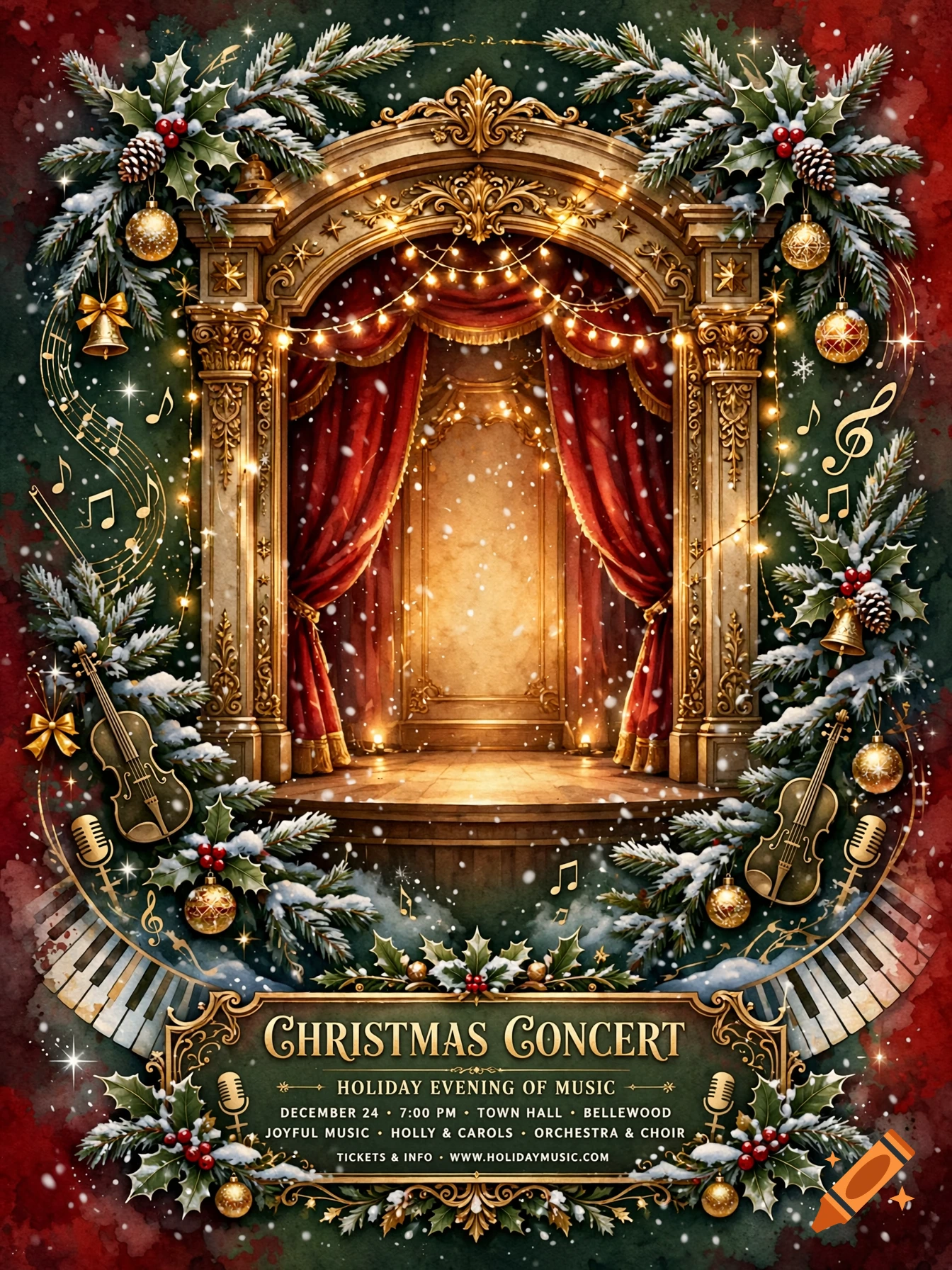 Christmas concert poster featuring a decorated theatrical stage with red curtains, golden ornaments, pine branches, and musical instruments.