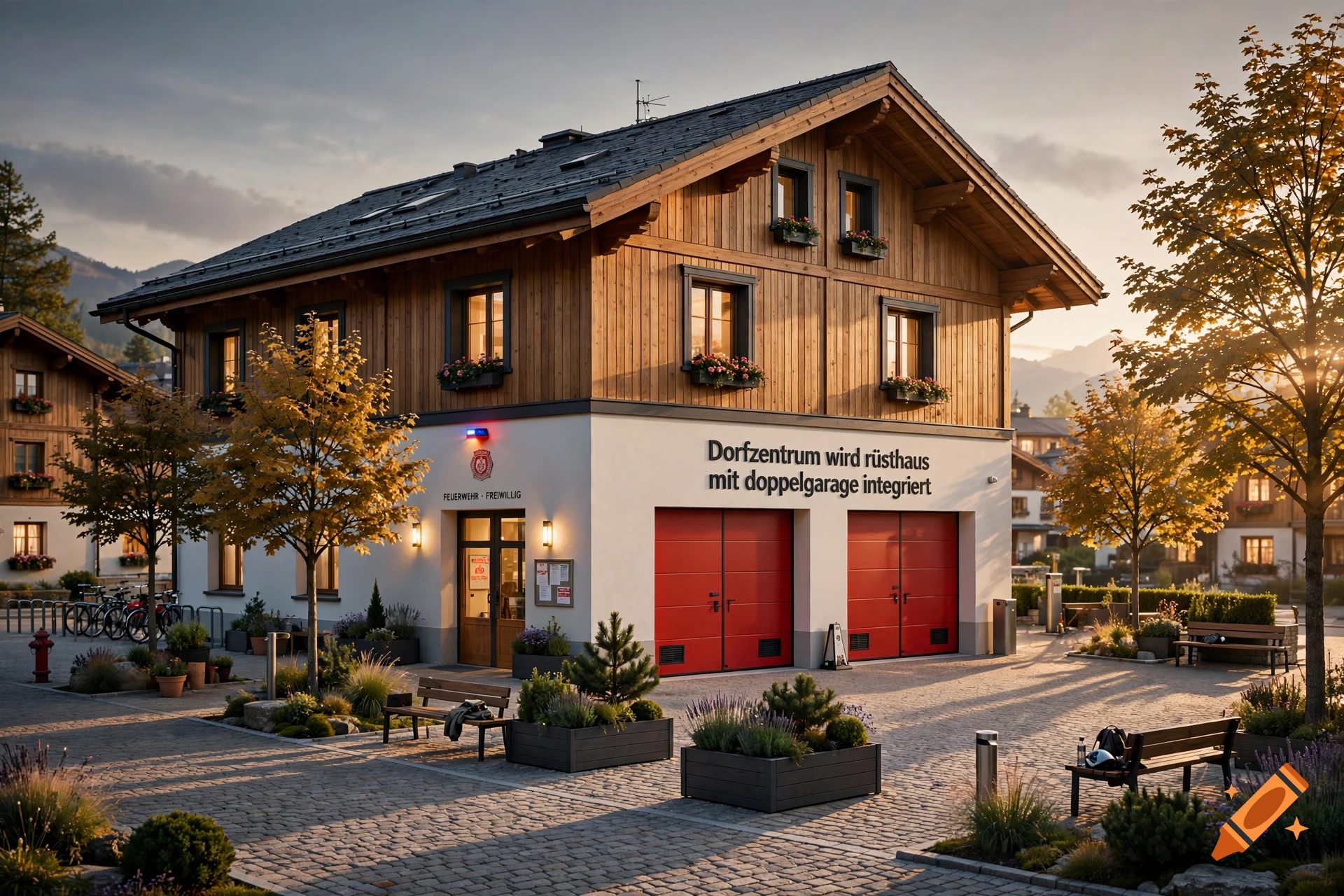 Photorealistic image of a traditional wooden and white Alpine style building featuring red garage doors and text.