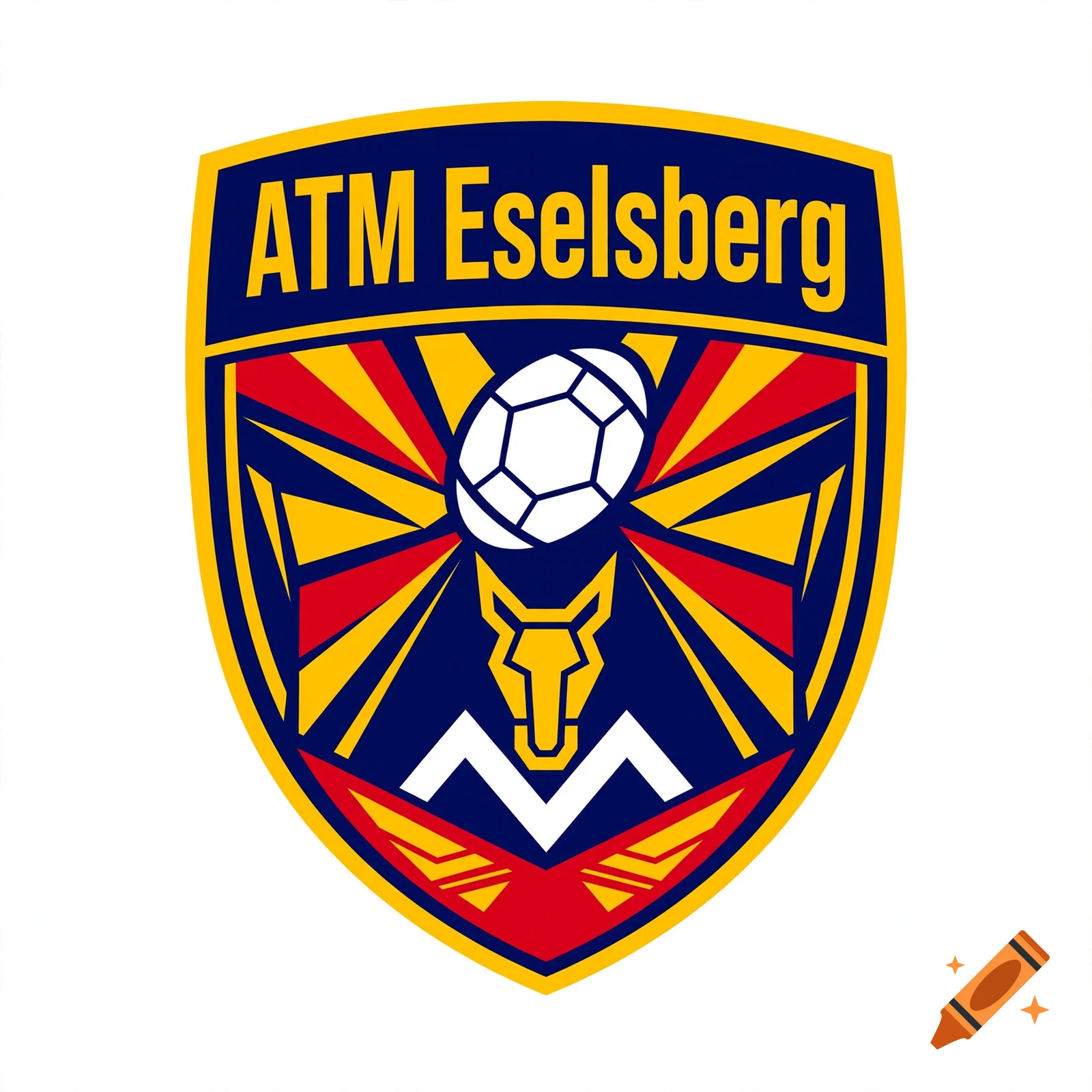 Vector sports logo crest for ATM Eselsberg featuring a shield with blue, yellow, and red colors, a soccer ball, and a horse emblem.