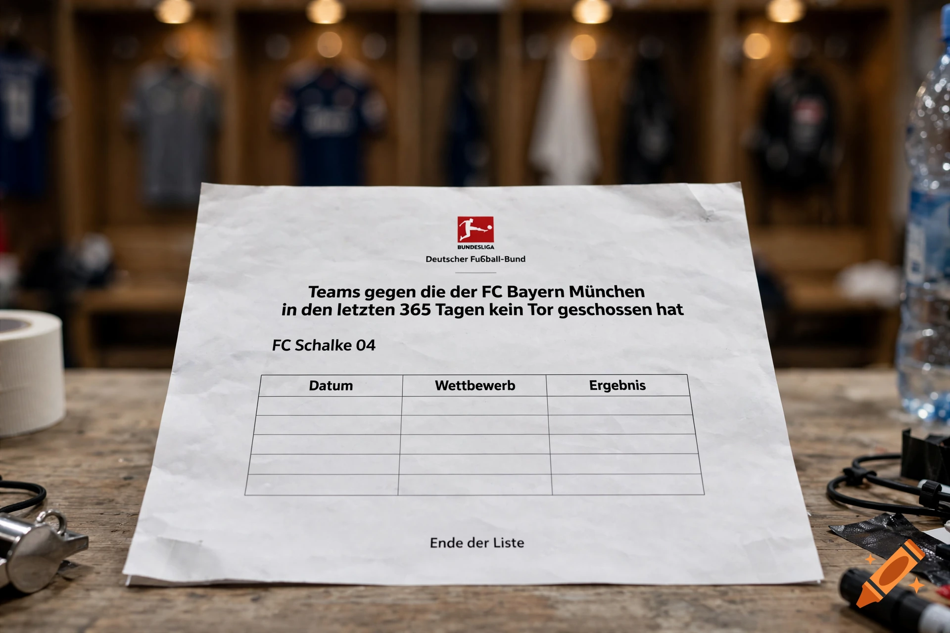 A crumpled paper list with German text about FC Bayern München on a wooden table in a locker room.