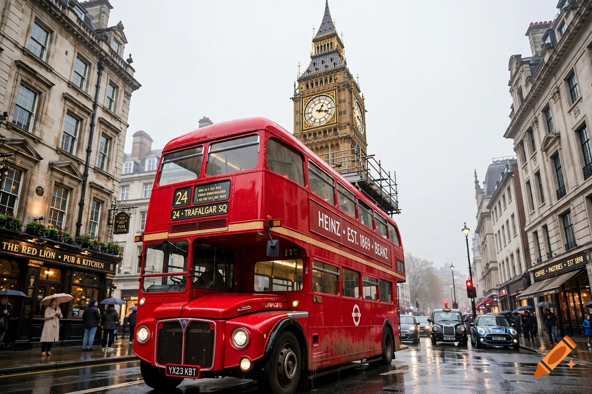 Photorealistic street scene in London with a red double-decker bus in the foreground and Big Ben in the background.