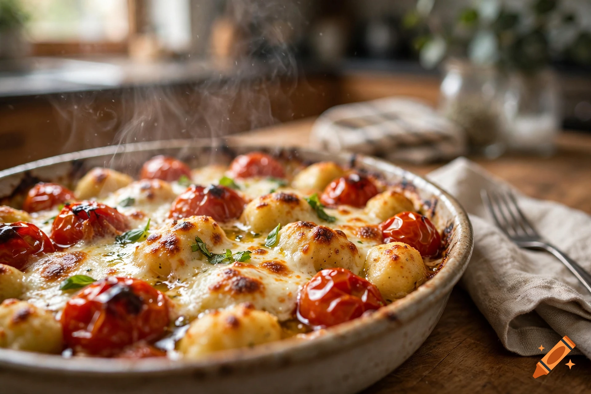 Photorealistic image of freshly baked gnocchi with tomatoes, melted mozzarella, and basil in a baking dish with steam rising.