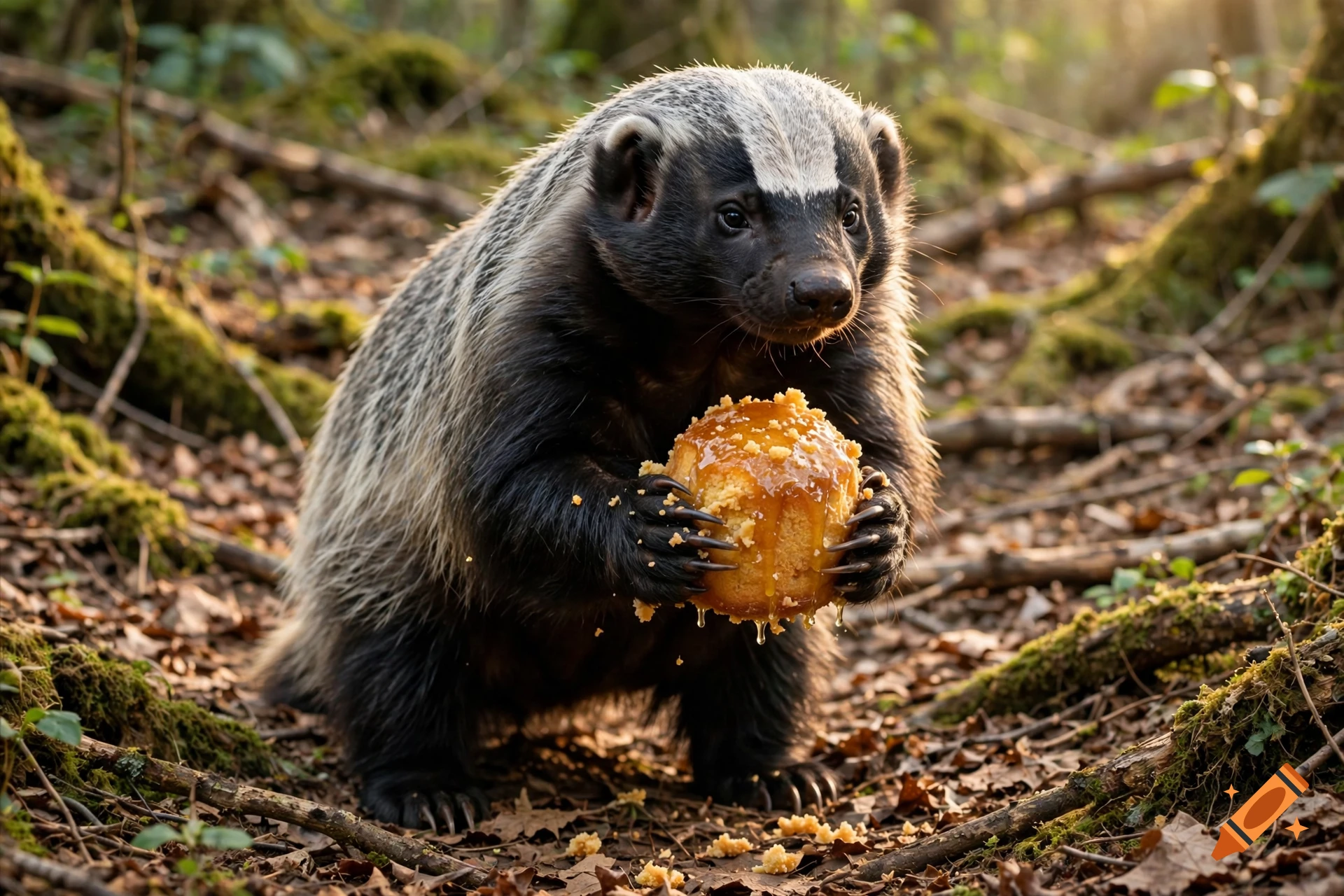 Photorealistic honey badger standing in a forest, holding and eating a honey-glazed cake.