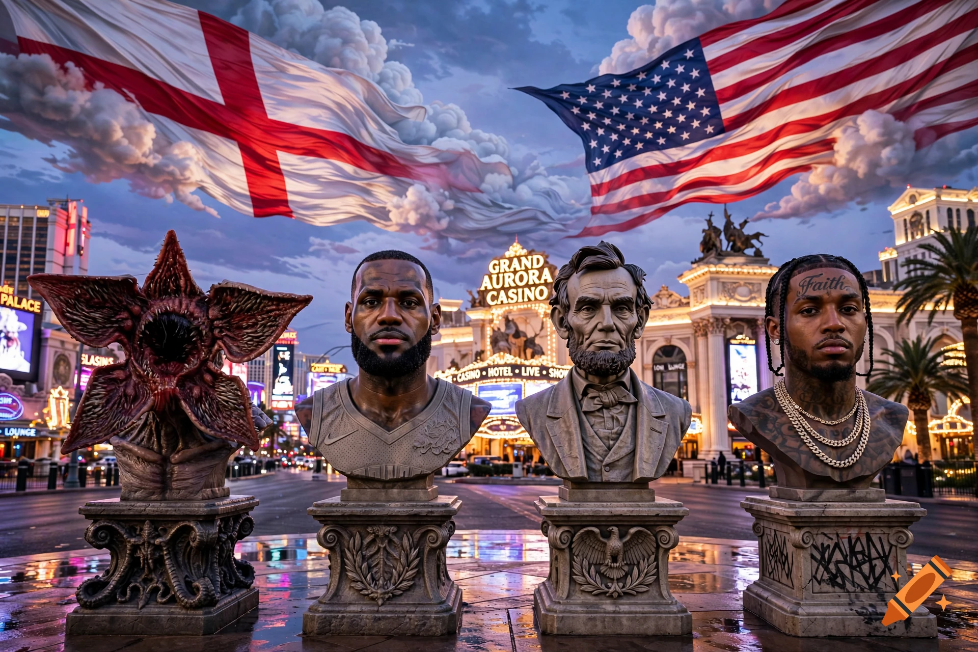 Photorealistic image of four busts representing a Demogorgon, LeBron James, Abraham Lincoln, and Pop Smoke on pedestal tables in front of a Las Vegas casino, with English and American flags in the sky.