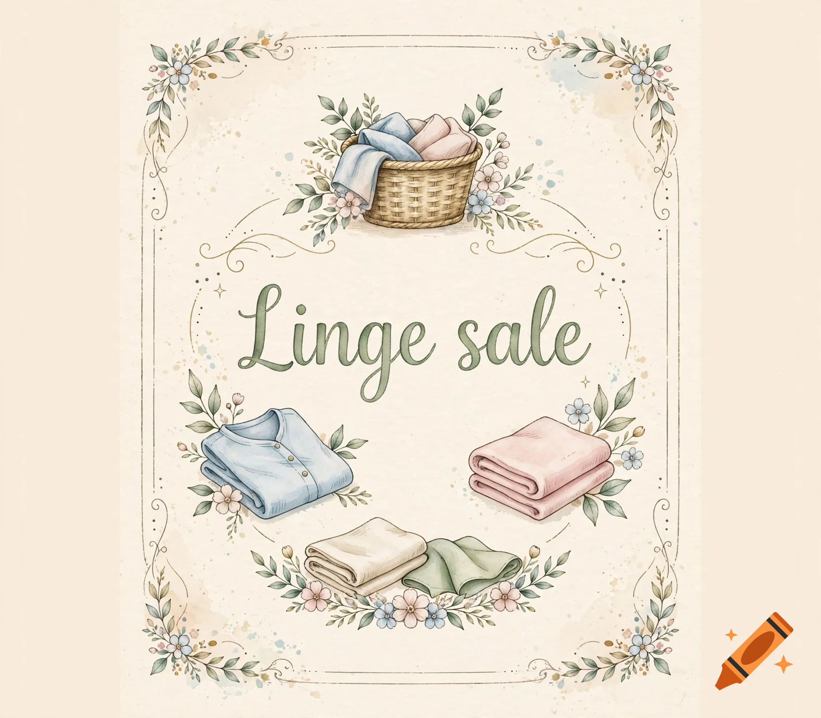 Vintage watercolor illustration of a laundry sign reading 'Linge sale' with a woven basket and folded clothes.