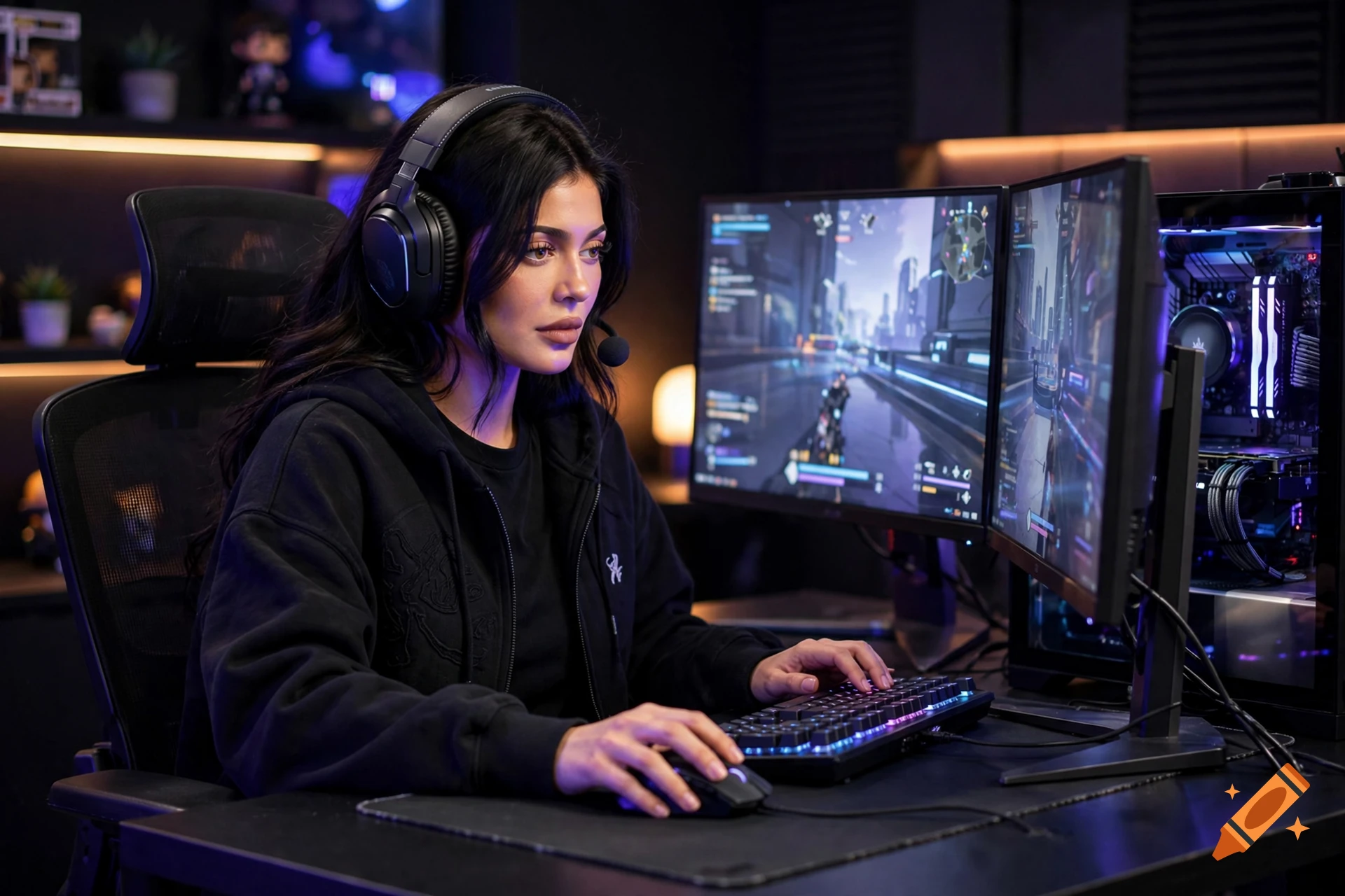 Photorealistic image of a woman wearing headphones and a black hoodie, playing video games at a dual-monitor PC setup.