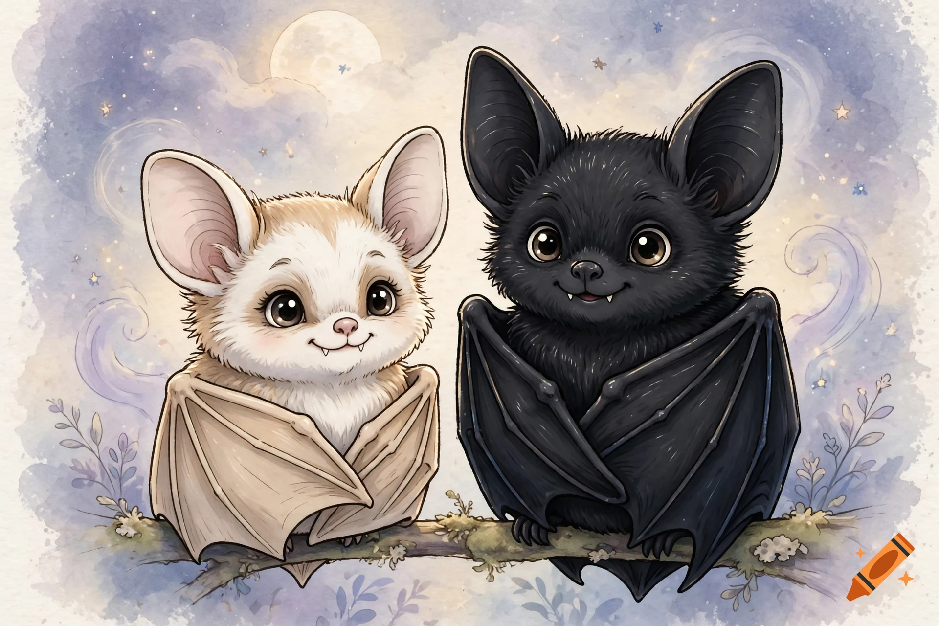 Watercolor illustration of two cute bats, one white-beige and one black, sitting on a branch against a night sky with moon and stars.