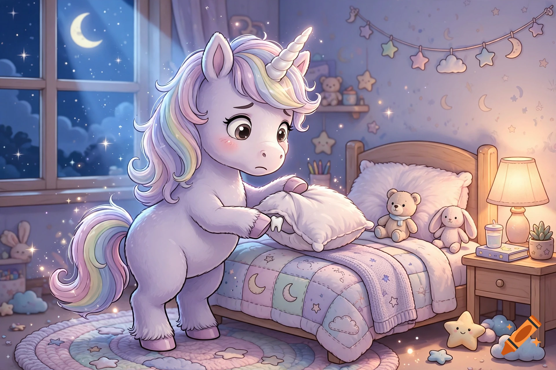 Cute cartoon unicorn standing on its hind legs, placing a tooth under a pillow in a cozy bedroom at night.