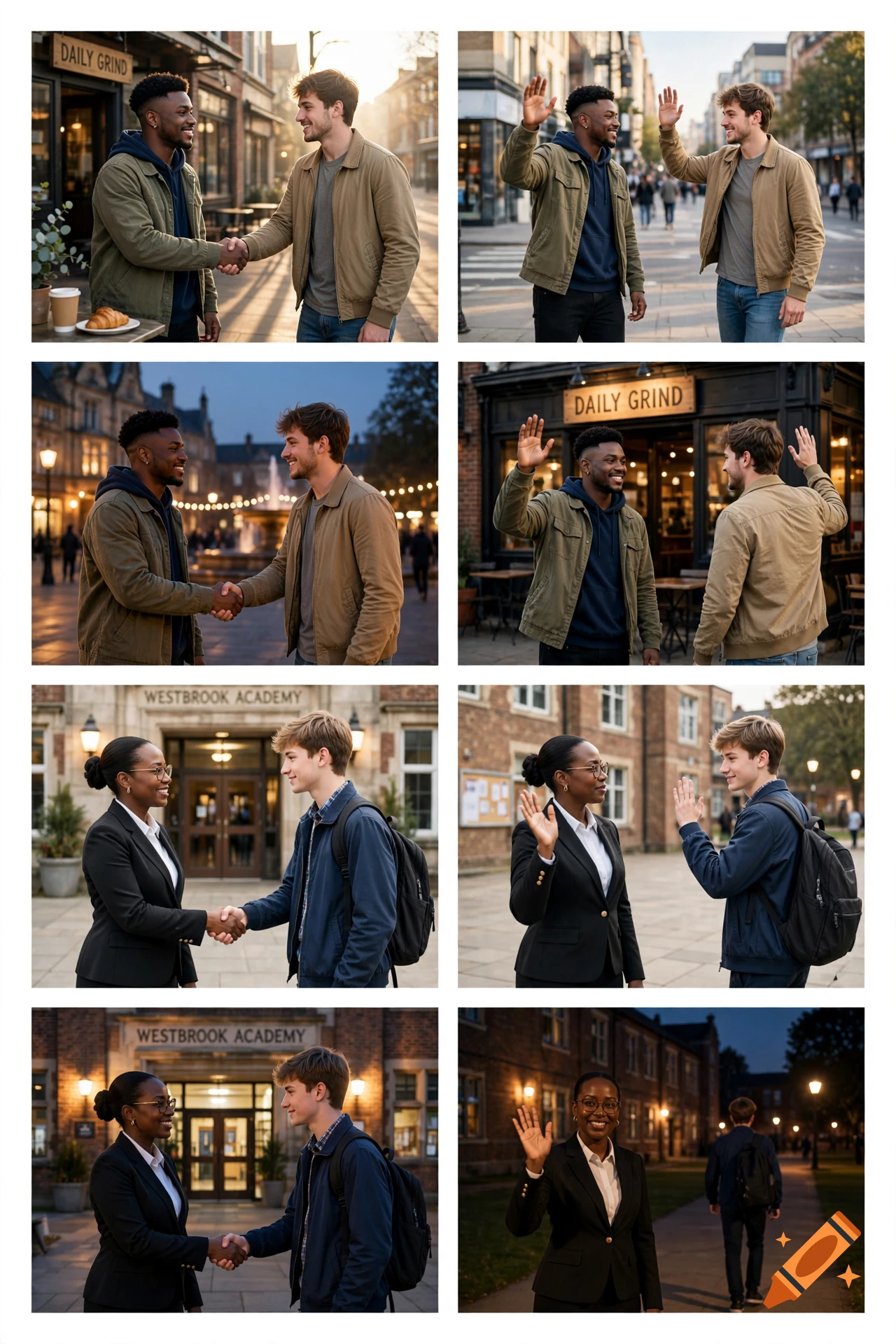 A photo grid of eight panels showing two men and a woman and boy interacting in various settings representing greetings and goodbyes.