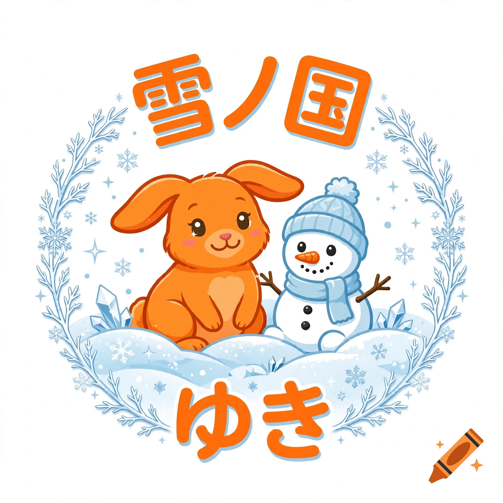 Cute orange rabbit and a snowman wearing a blue scarf, framed by snowflake wreath with Japanese text above and below.