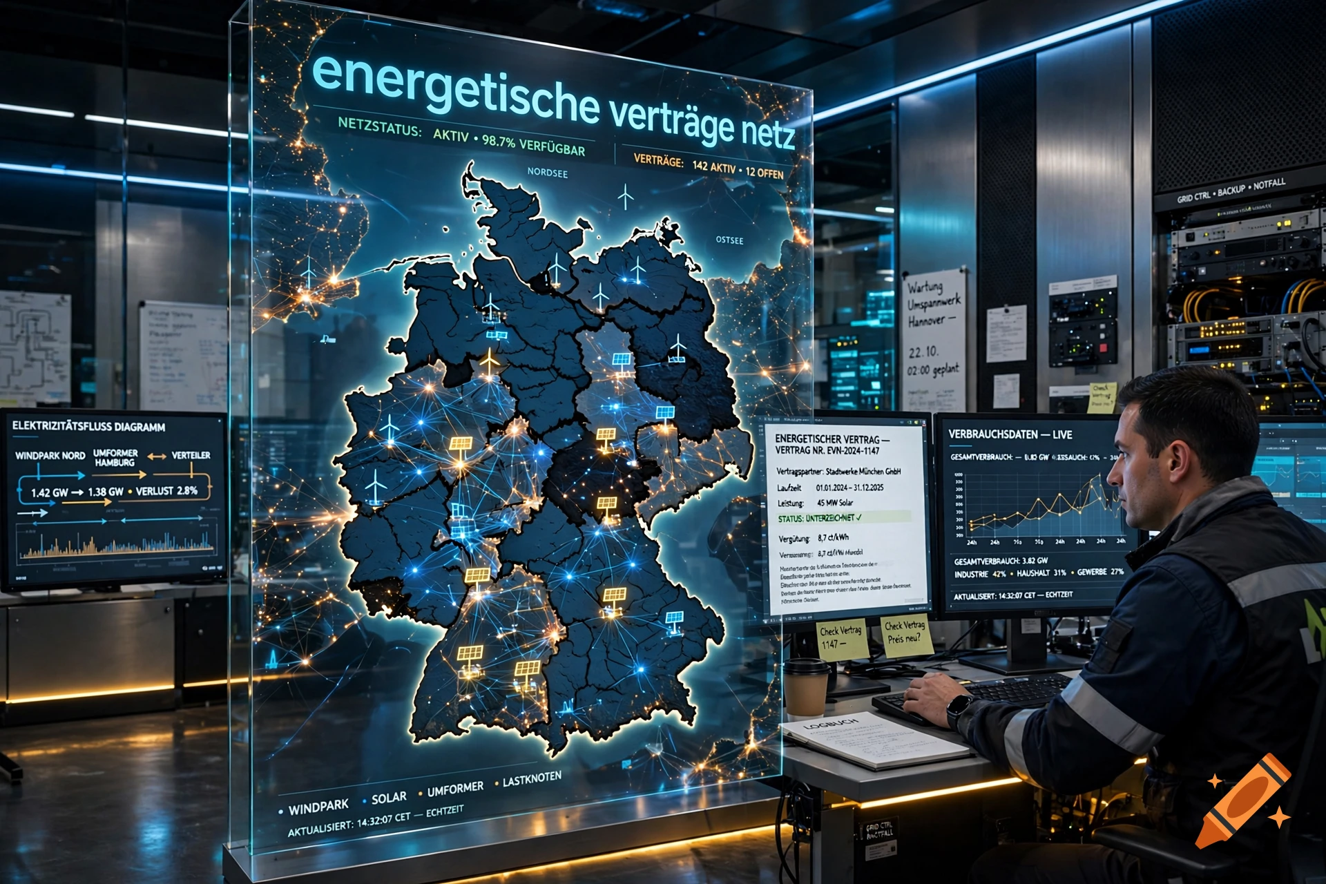 Photorealistic control room with an engineer working in front of a large transparent holographic display showing a map of Germany and energy networks.