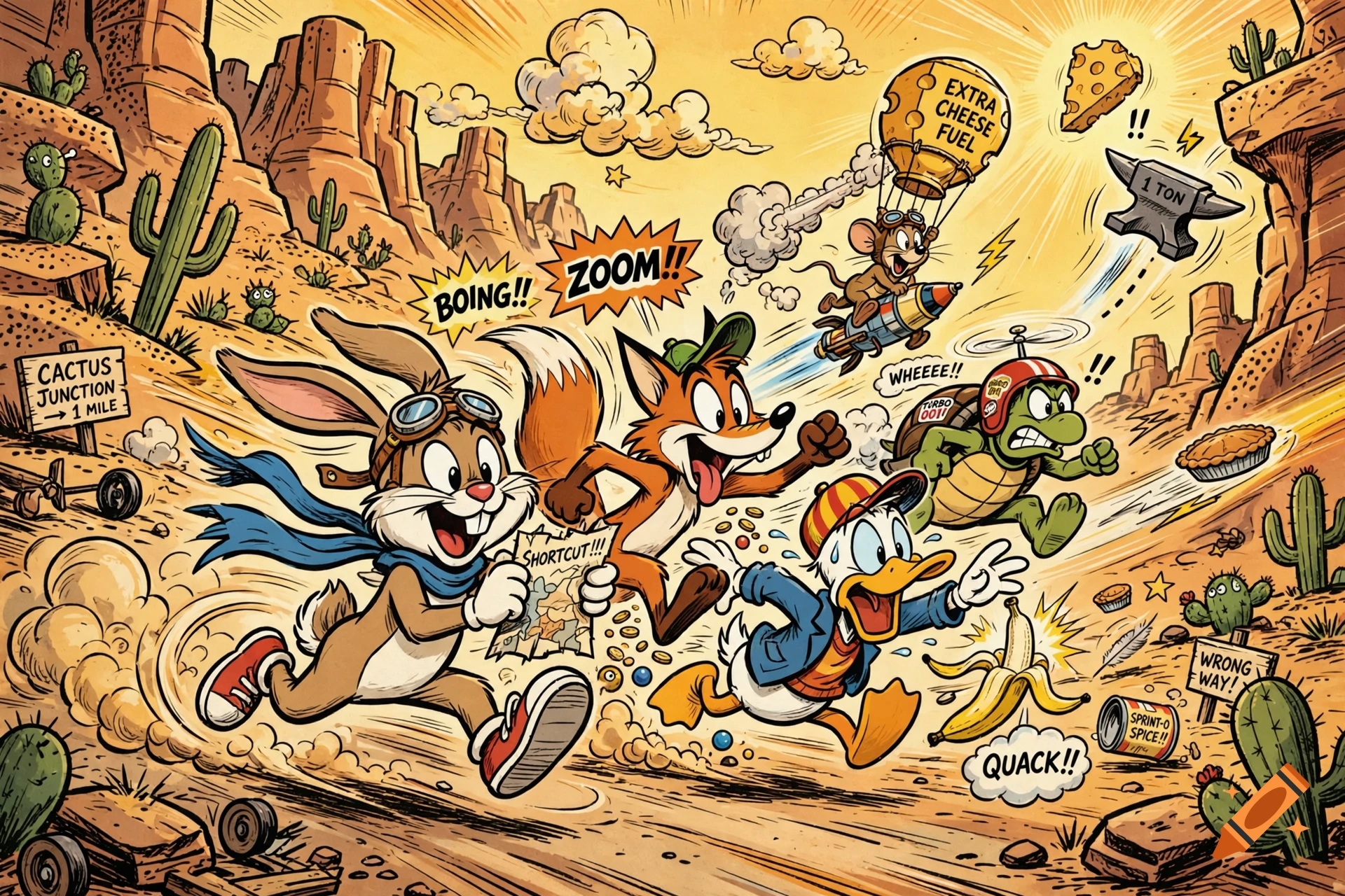 Cartoon illustration of a frantic race in a desert canyon with a rabbit, fox, duck, and turtle in a Looney Tunes style.