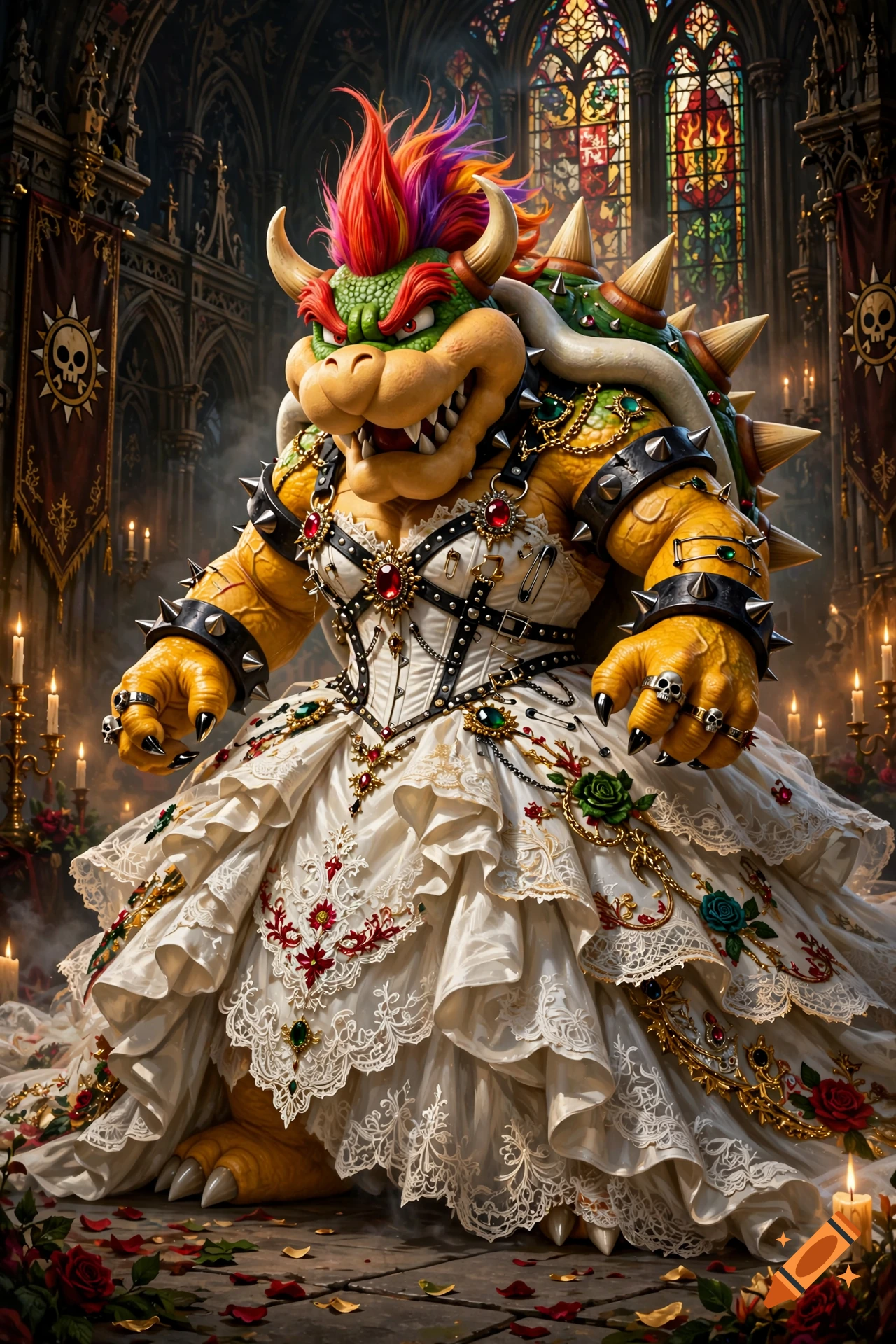 Bowser with a colorful mohawk and spiked bracelets wearing an elaborate white wedding dress inside a gothic cathedral, photorealistic.