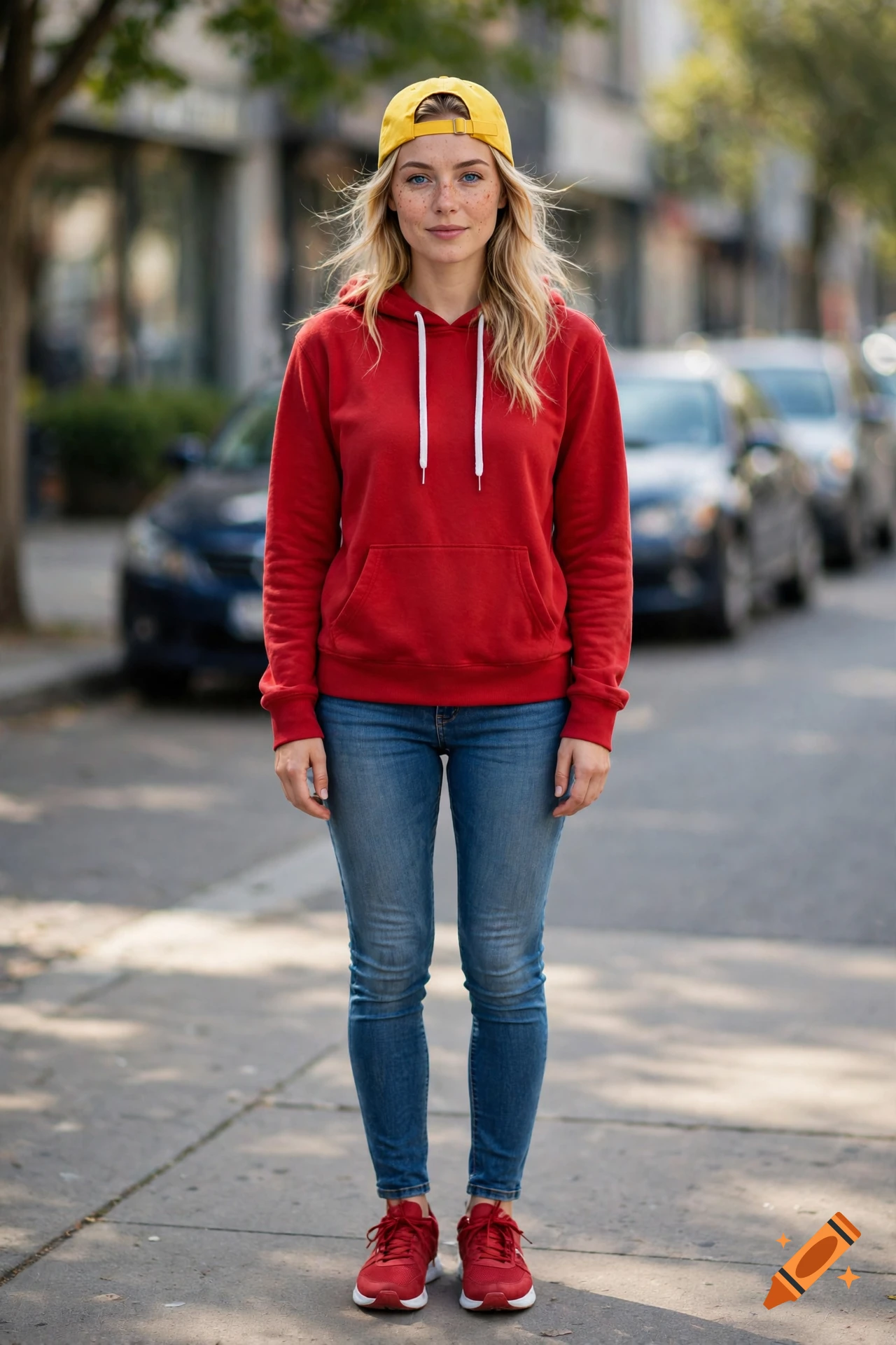 Photorealistic full-body shot of a young woman with blonde hair, freckles, a yellow backwards cap, red hoodie, blue jeans, and red sneakers standing on a city street.