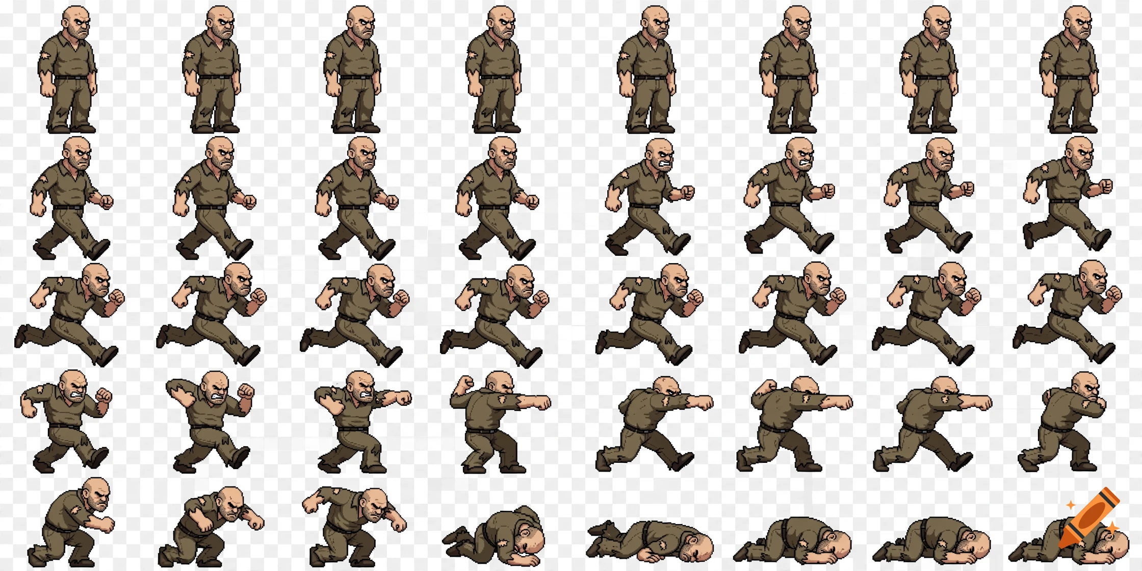 2D pixel-art sprite sheet of a bald, muscular man in dirty clothes showing various animation frames including idle, walk, run, attack, hit, and death.