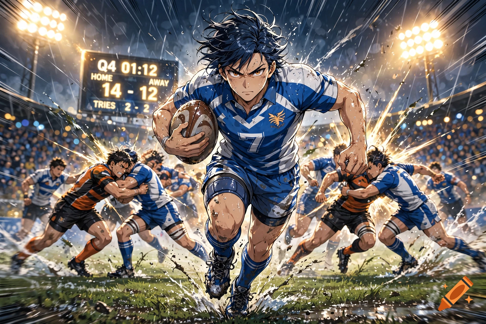 Anime style action shot of rugby players running on a muddy field during a match under stadium lights.