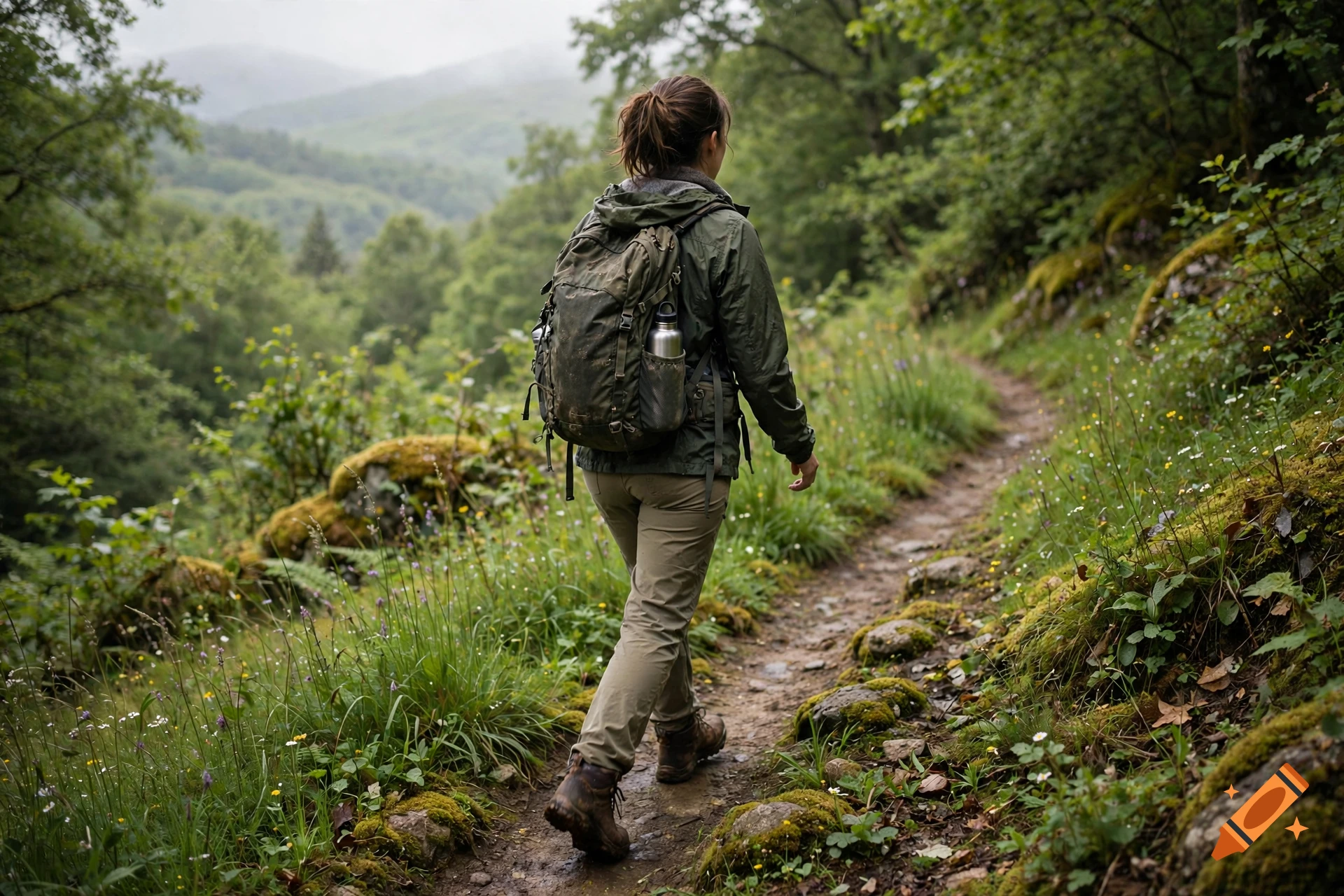 Photorealistic image of a person with a backpack hiking on a narrow dirt trail through a lush green forest.