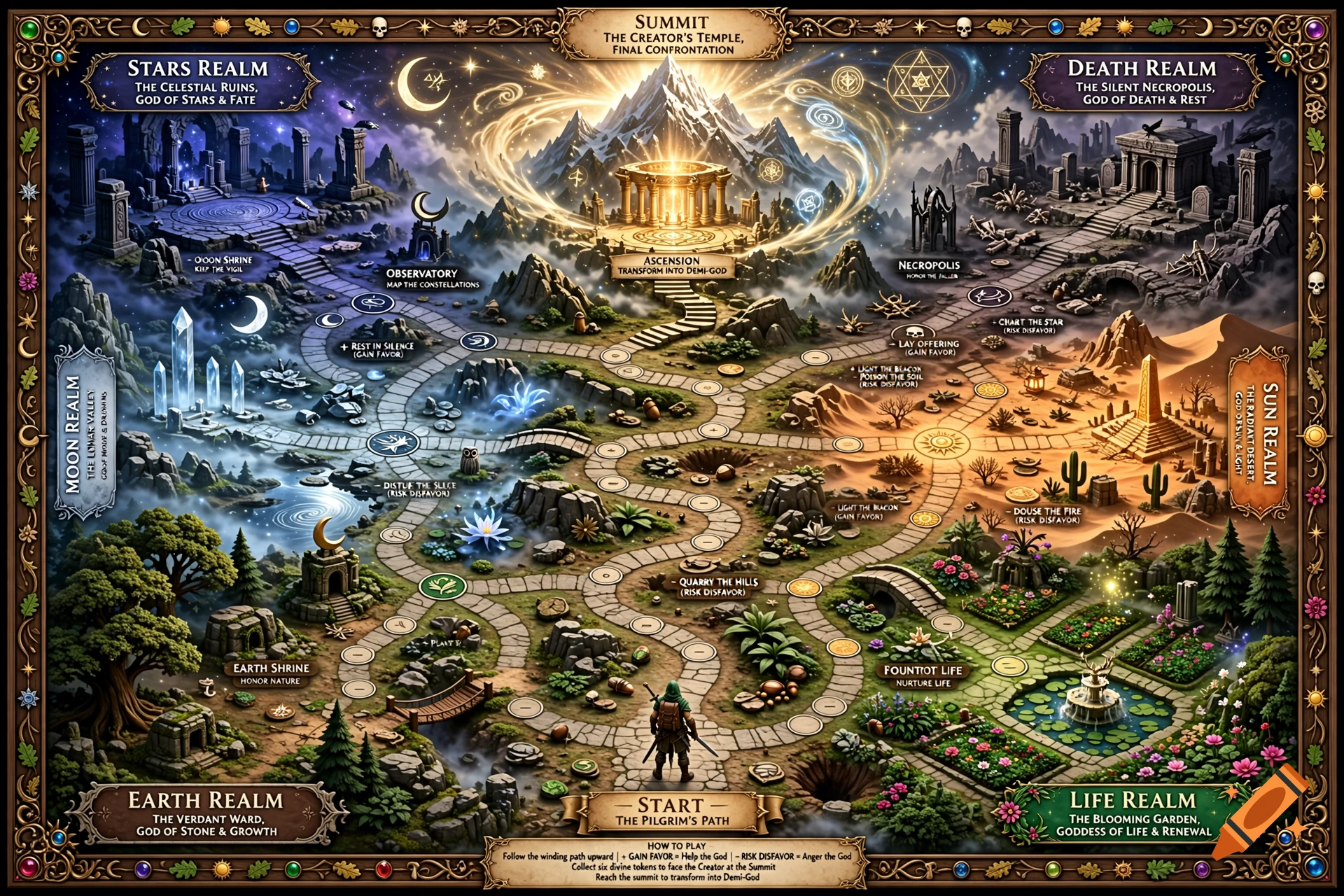 A detailed 3D fantasy board game map layout featuring different elemental realms, paths, and shrines centered around a mountain.