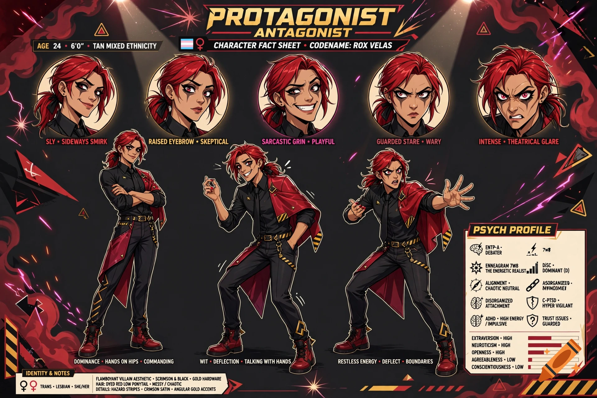Character fact sheet of a fictional red-haired protagonist and antagonist with various expressions and poses, anime style.
