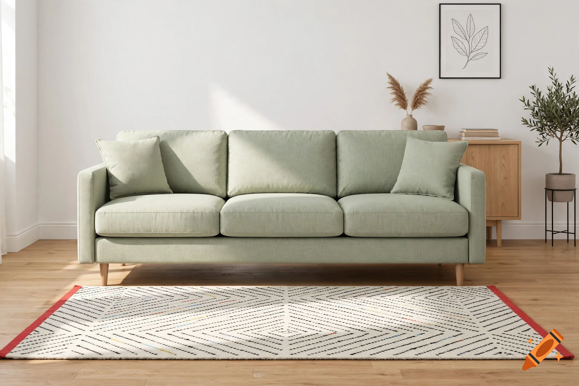 Photorealistic interior design photo of a light green sofa with pillows, a patterned rug, and a houseplant in a bright room.