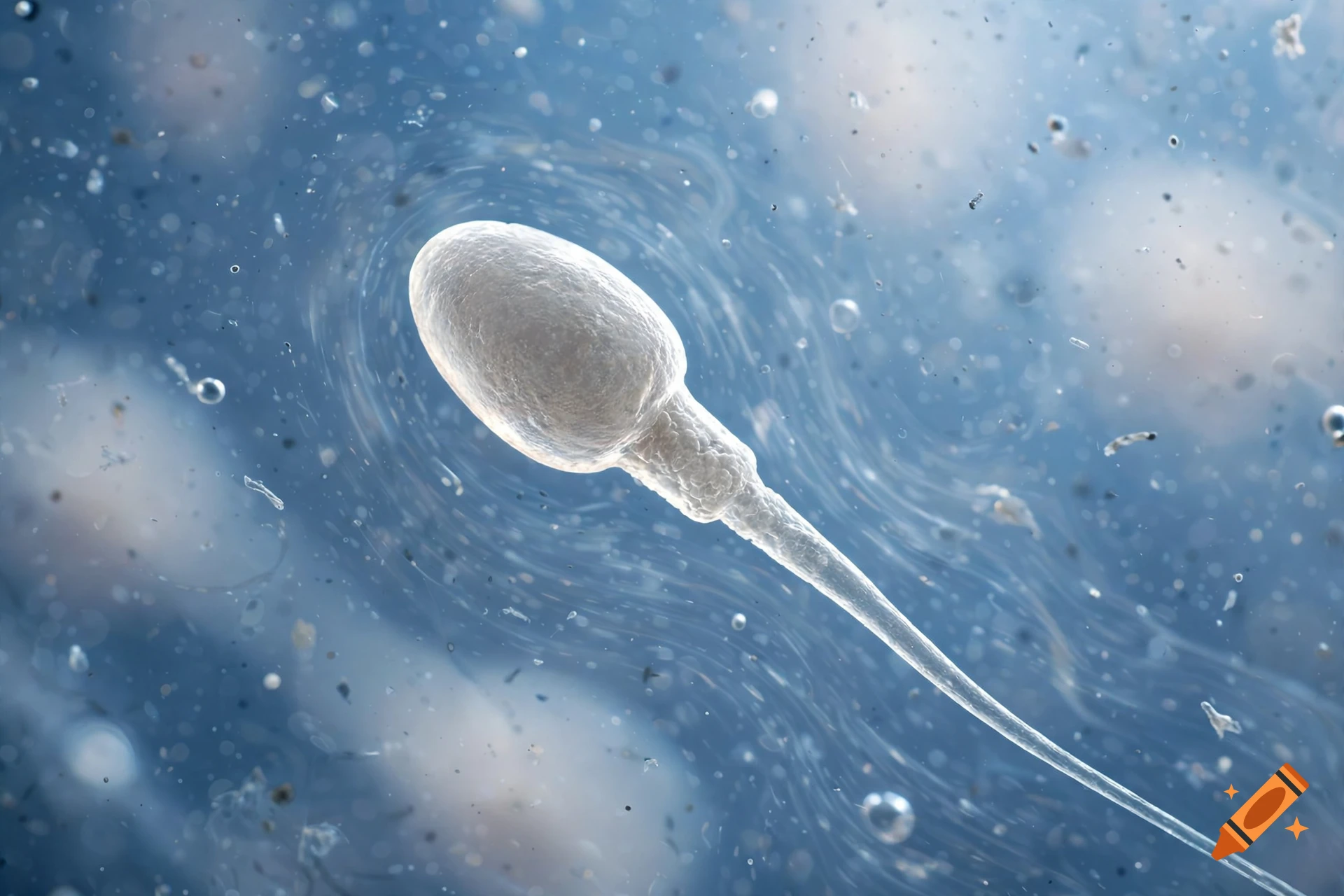 Photorealistic close-up of a single human sperm cell swimming through microscopic particles and fluid.