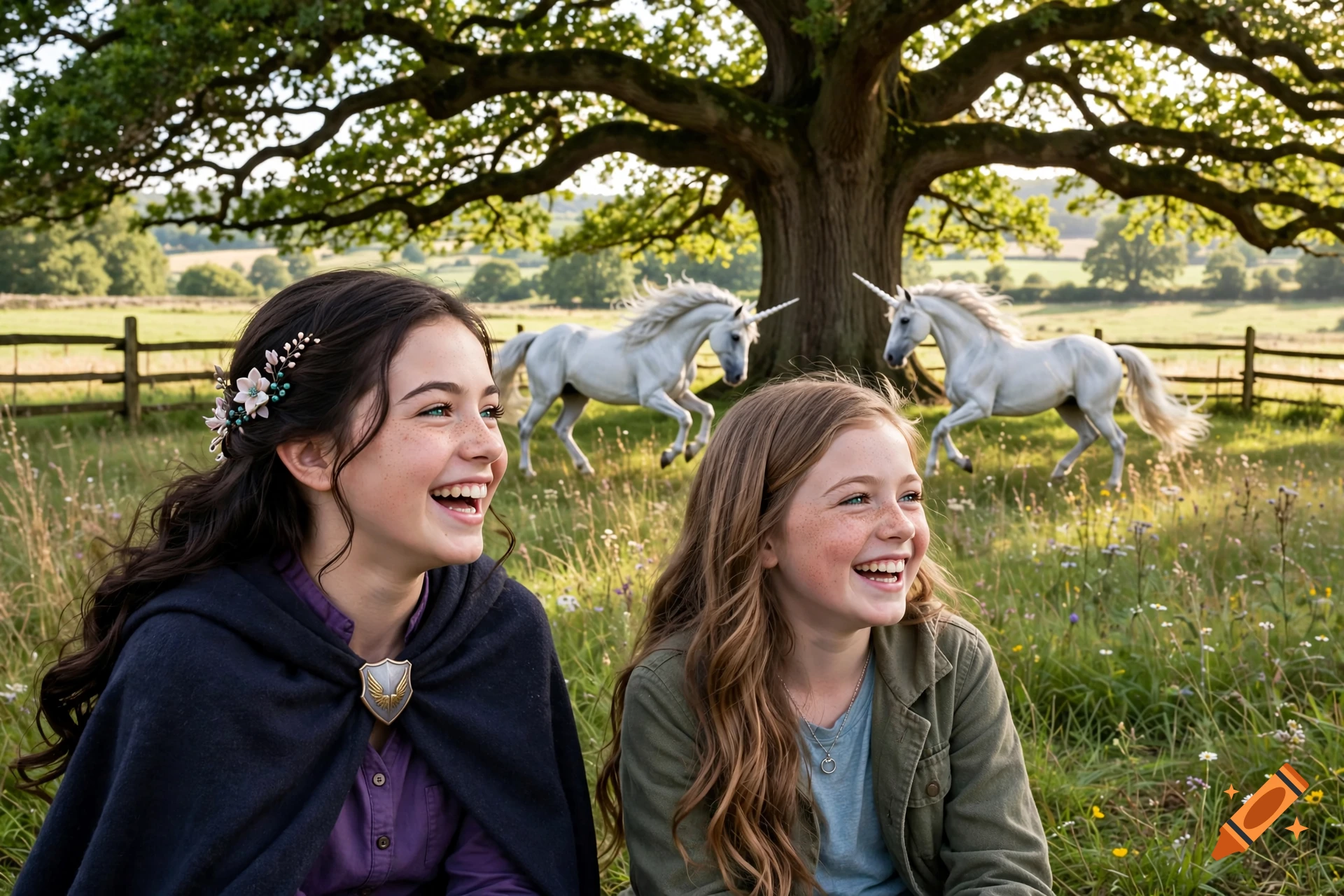 Two smiling girls with flowers in their hair sitting in a sunny field with alicorns and a large tree in the background, photorealistic style.