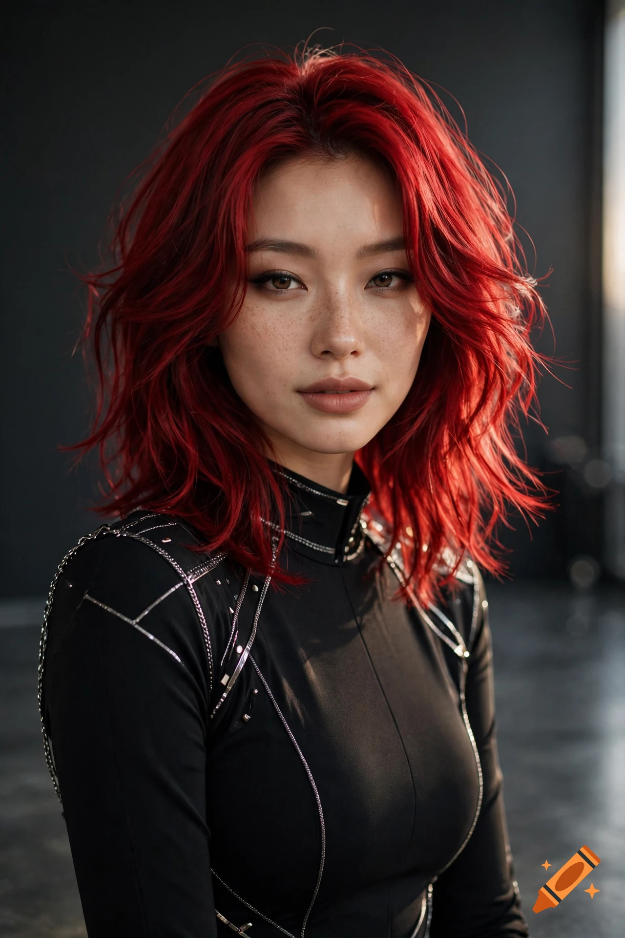 Photorealistic medium shot portrait of an Asian woman with vibrant red wavy hair and freckles, wearing a black futuristic outfit with silver chain details against a dark background.