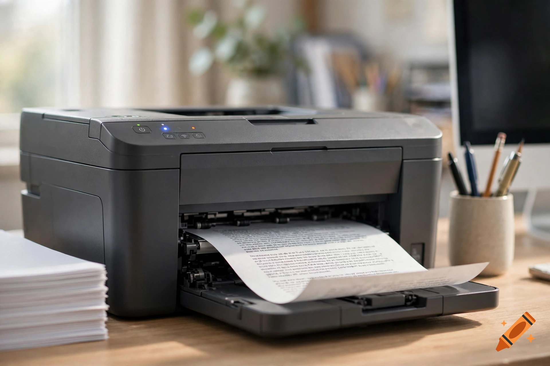 Photorealistic image of a dark grey printer printing a document on a wooden desk.