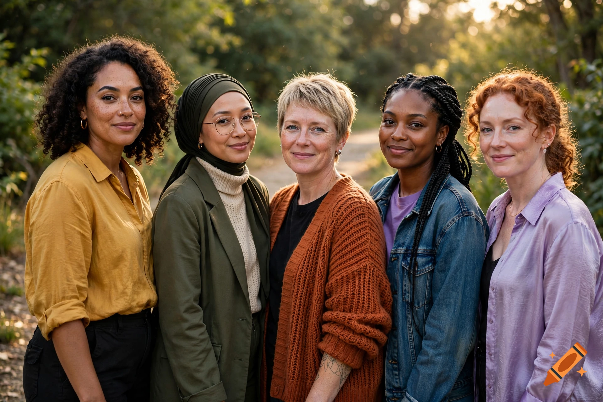 Photorealistic portrait of five diverse women smiling together outdoors in a sunlit park.