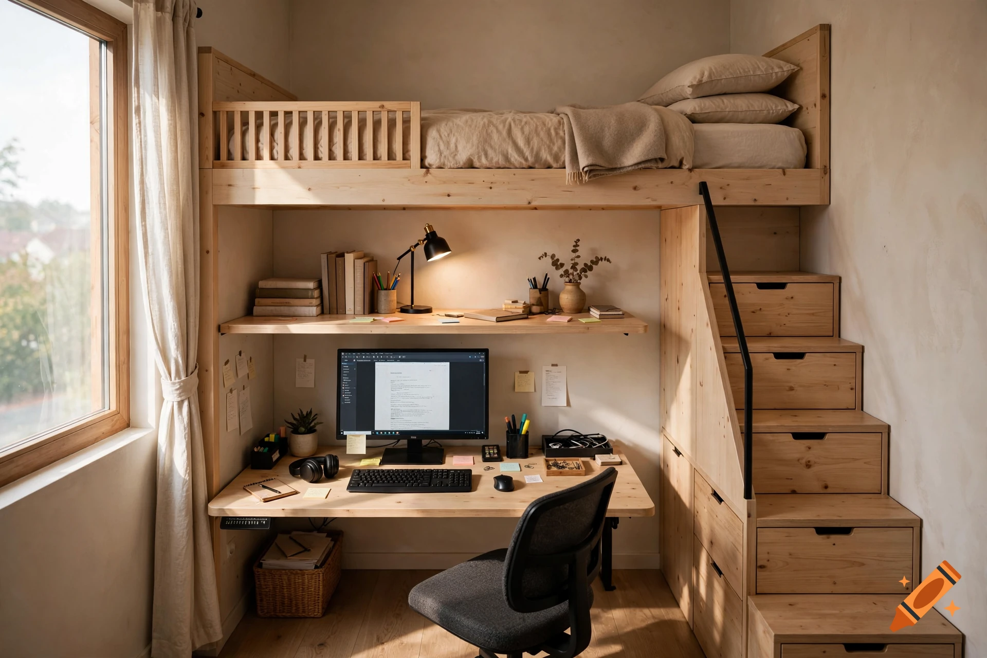 Photorealistic image of a compact modern bedroom interior with a wooden loft bed, built-in stairs with drawers, and a desk underneath.