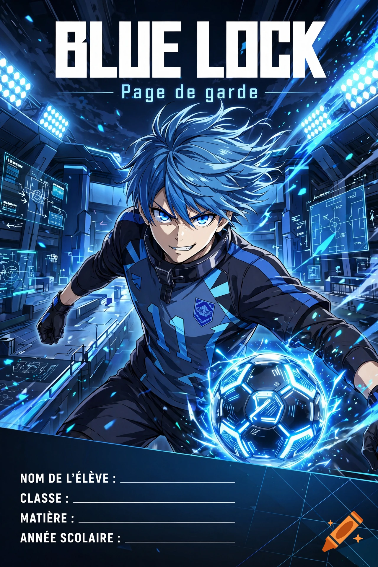 Anime style illustration of a blue-haired soccer player holding a glowing blue soccer ball in a futuristic stadium.