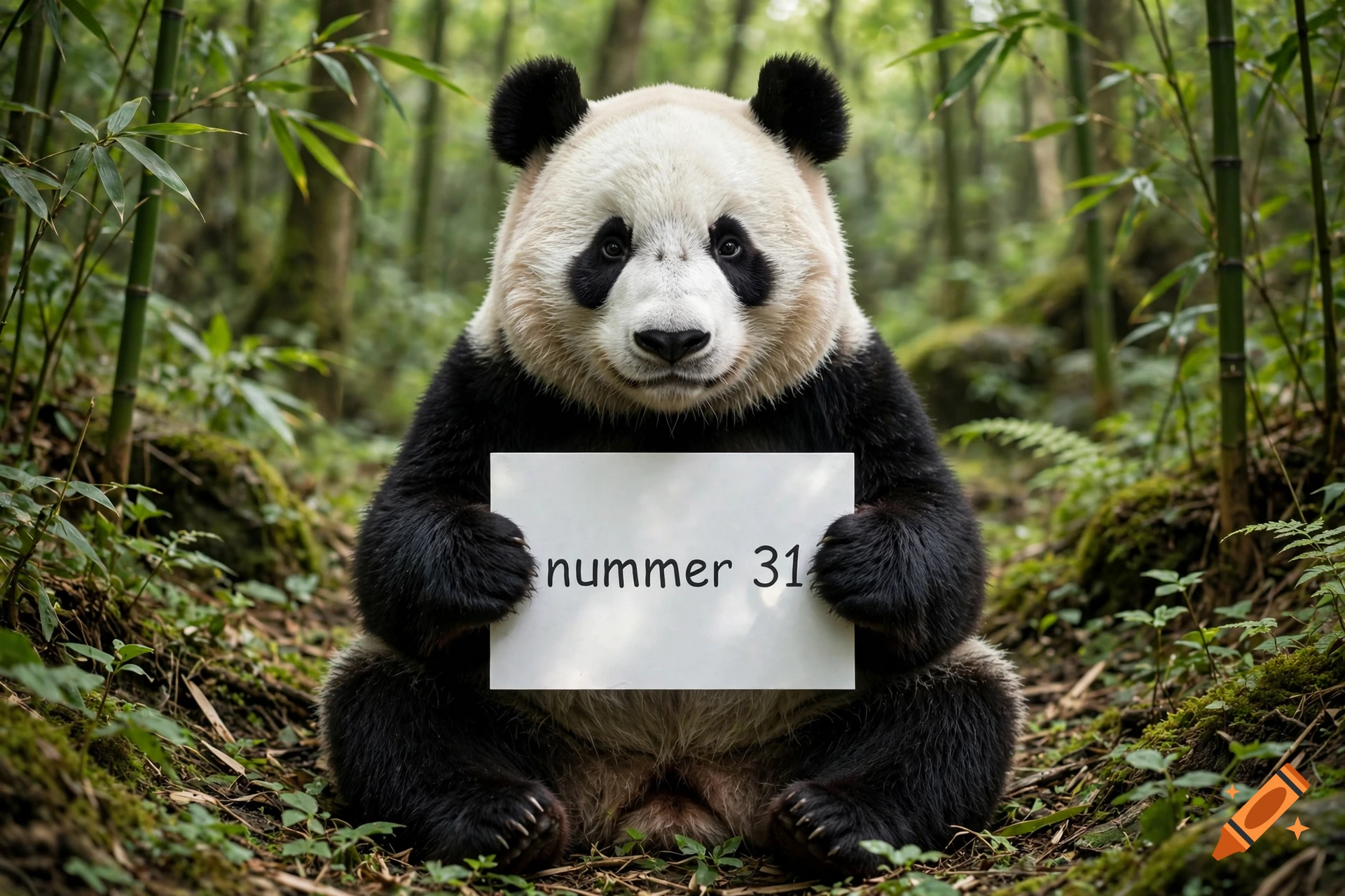 Photorealistic panda sitting in a bamboo forest holding a sign that reads nummer 31.