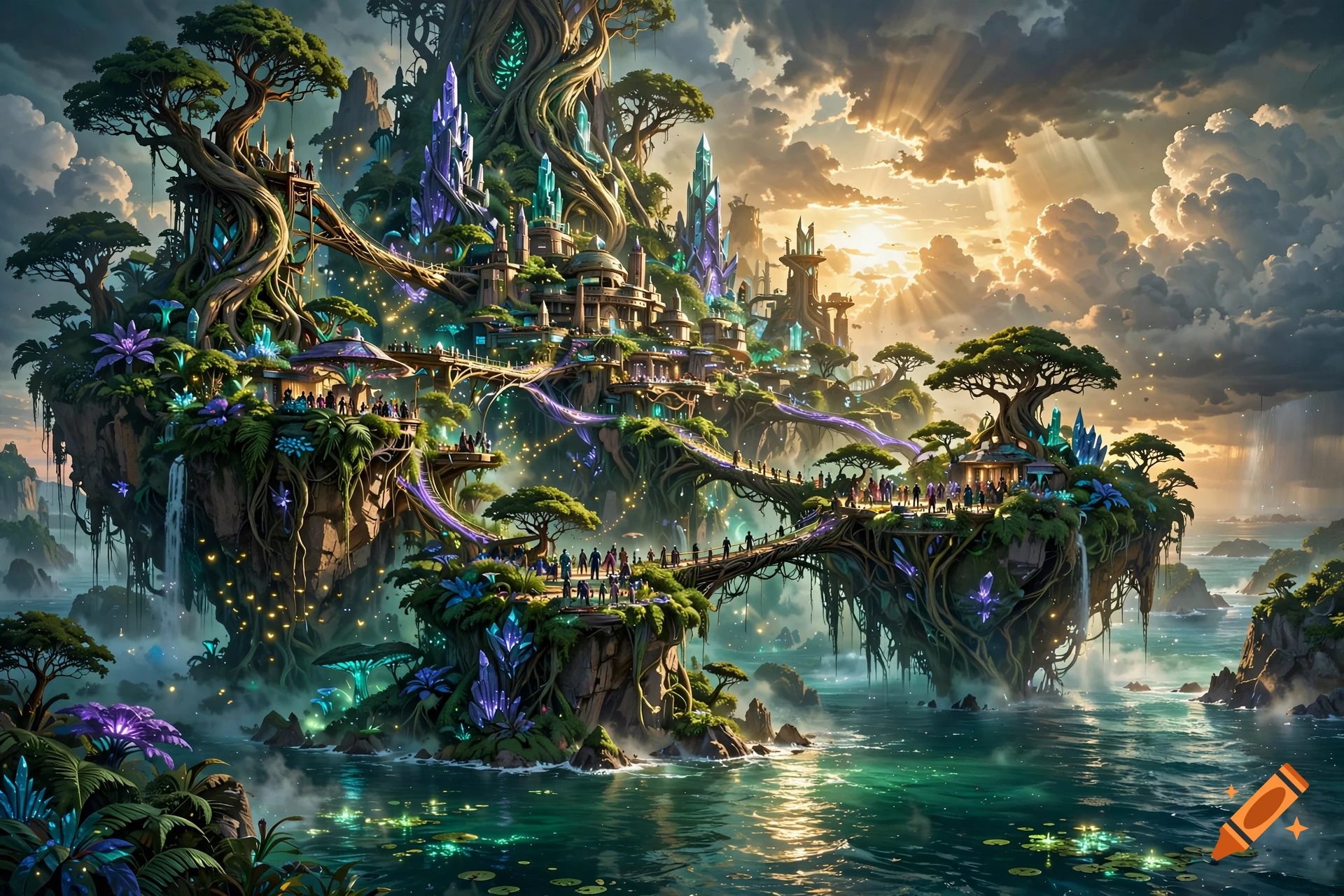 Digital painting of a fantastical island city nestled within giant glowing trees and crystals, with people walking on bridges over water.