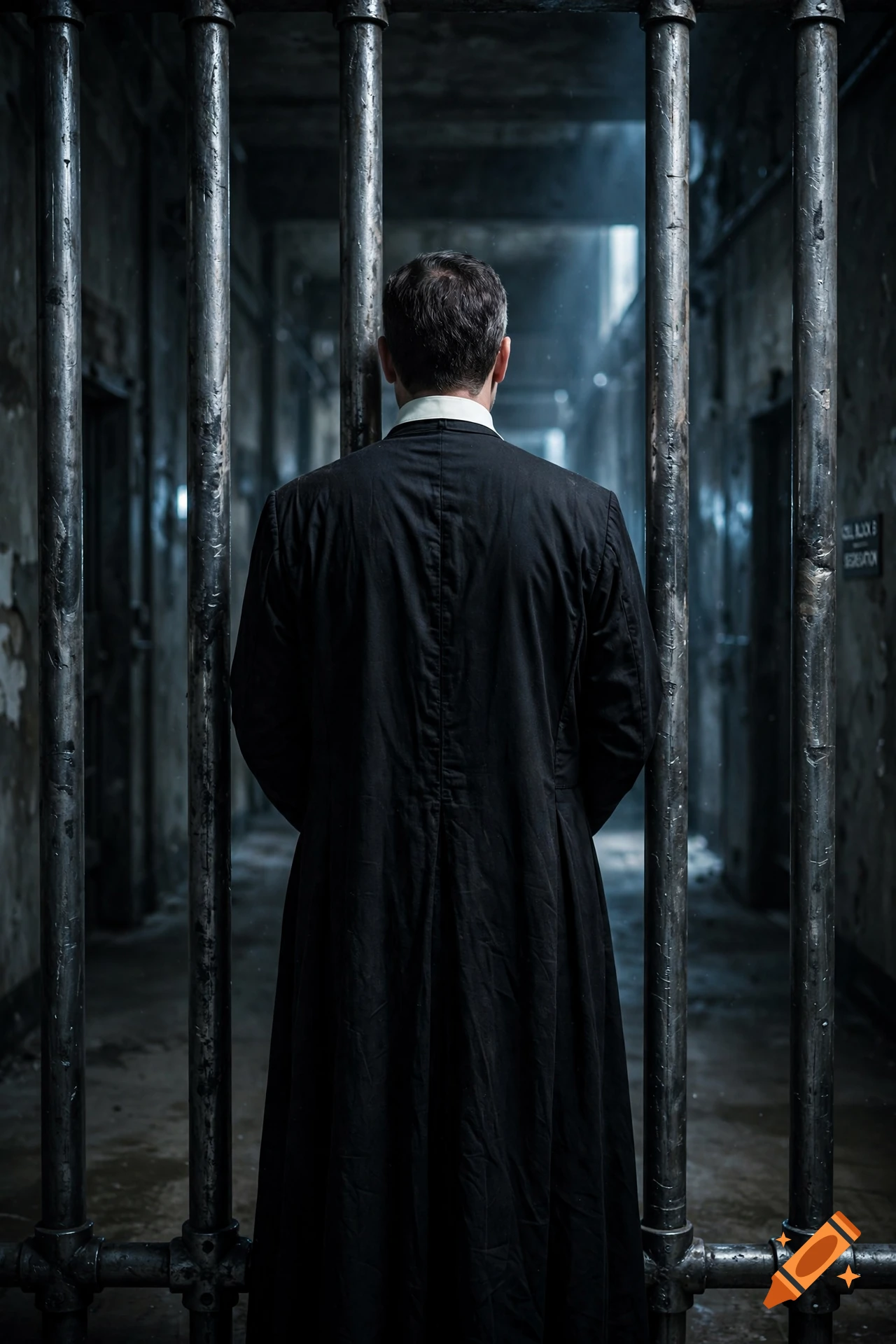 Cinematic photograph of a Catholic priest in a black cassock standing behind thick steel prison bars in a dark hallway.