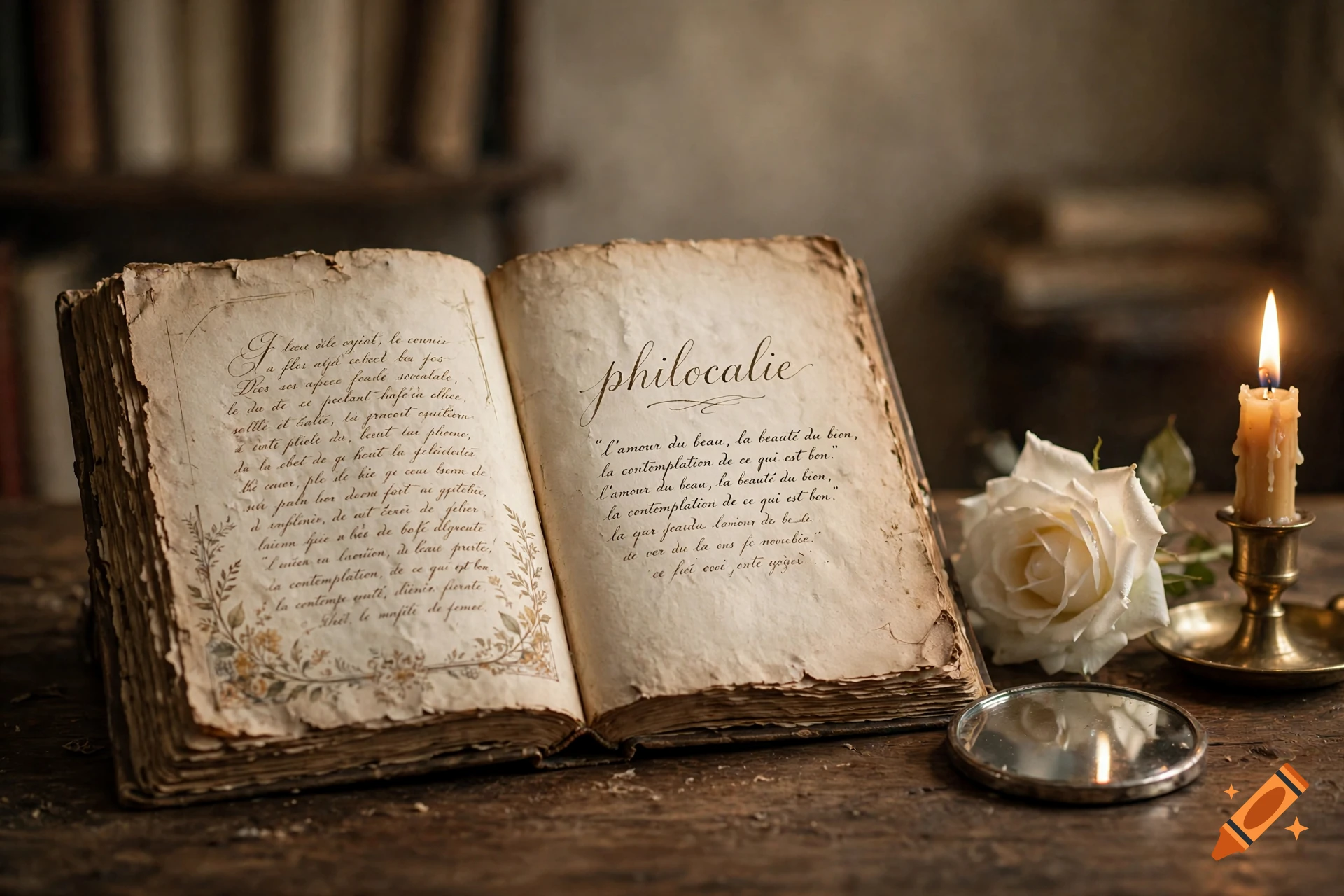 An open old book with handwritten French text lies on a wooden table beside a lit candle in a brass holder, a white rose, and a small round mirror.