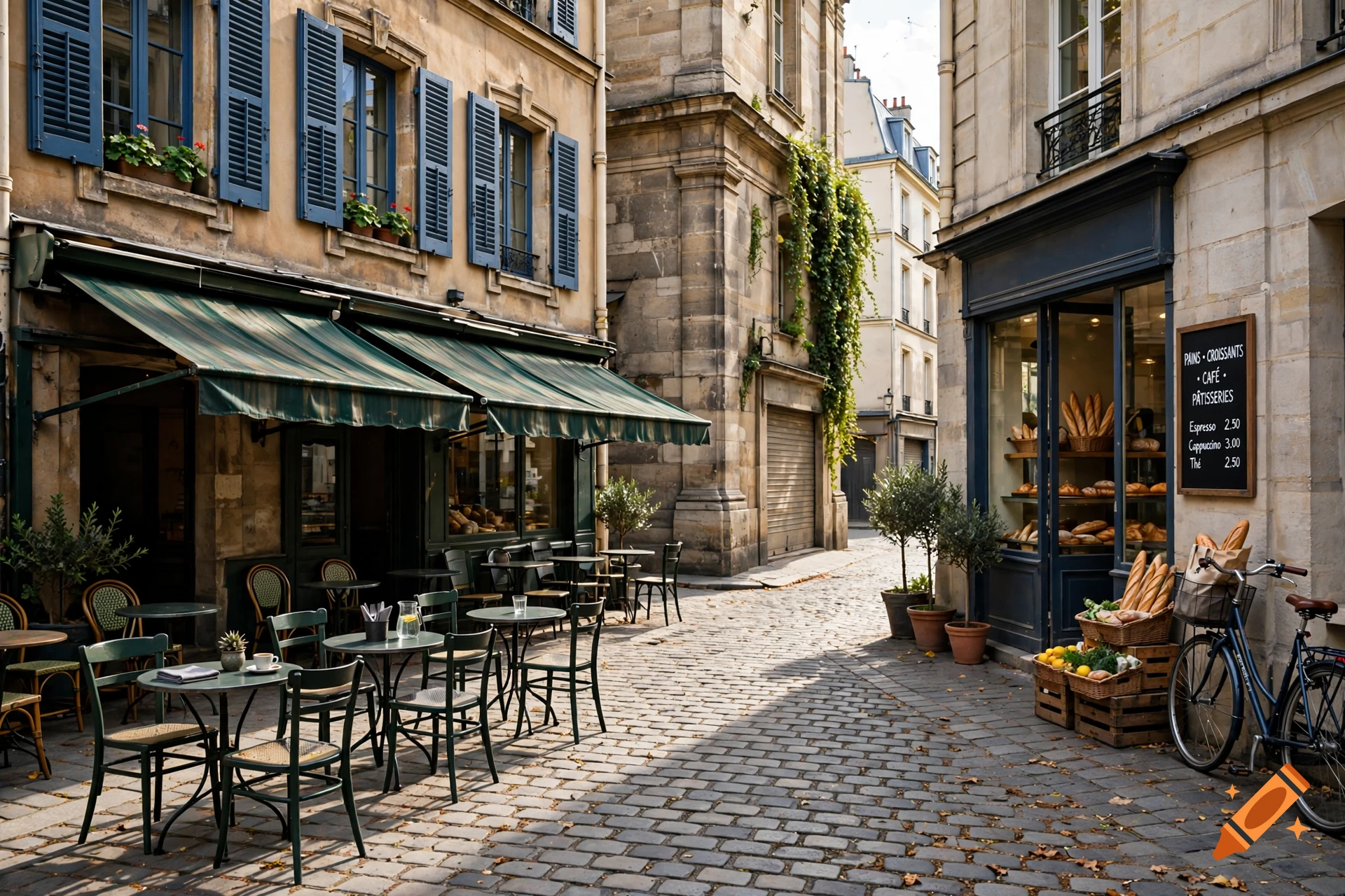 Photorealistic narrow European cobblestone street lined with historic buildings, a bakery, and outdoor cafe seating.