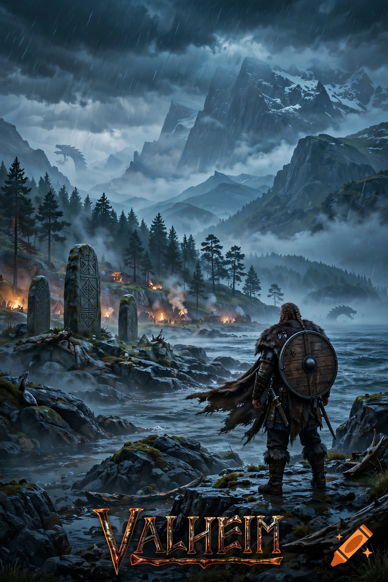Viking warrior standing on a rocky shore overlooking a misty fjord with mountains, rune stones, and distant dragon silhouettes.