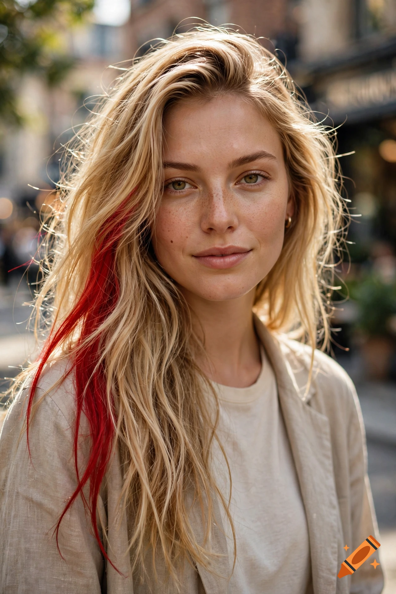 Close-up portrait of a young blonde woman with a streak of bright red hair, freckles, and a light beige jacket outdoors, photorealistic.