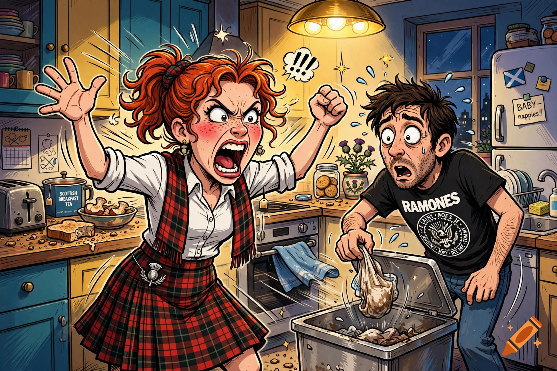 An angry red-haired woman yells at a panicked man who is dropping a soiled diaper into the kitchen trash can.