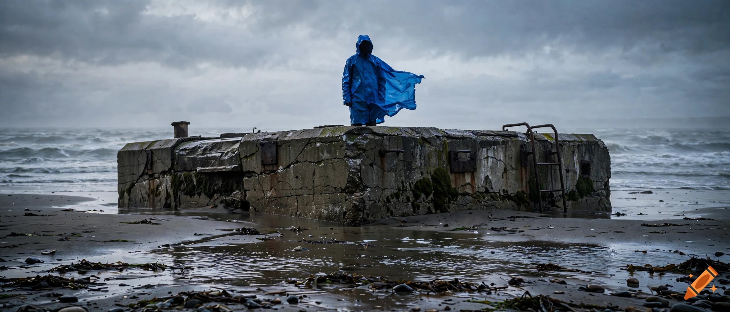A silhouette in a blue raincoat standing on an abandoned concrete bunker on a stormy beach with cinematic lighting.