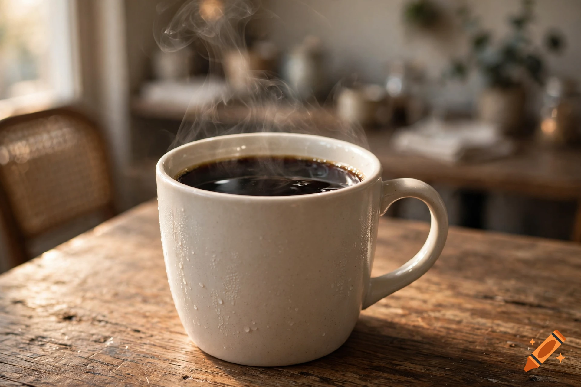 A hot cup of black coffee in a white ceramic mug with steam rising, sitting on a rustic wooden table.