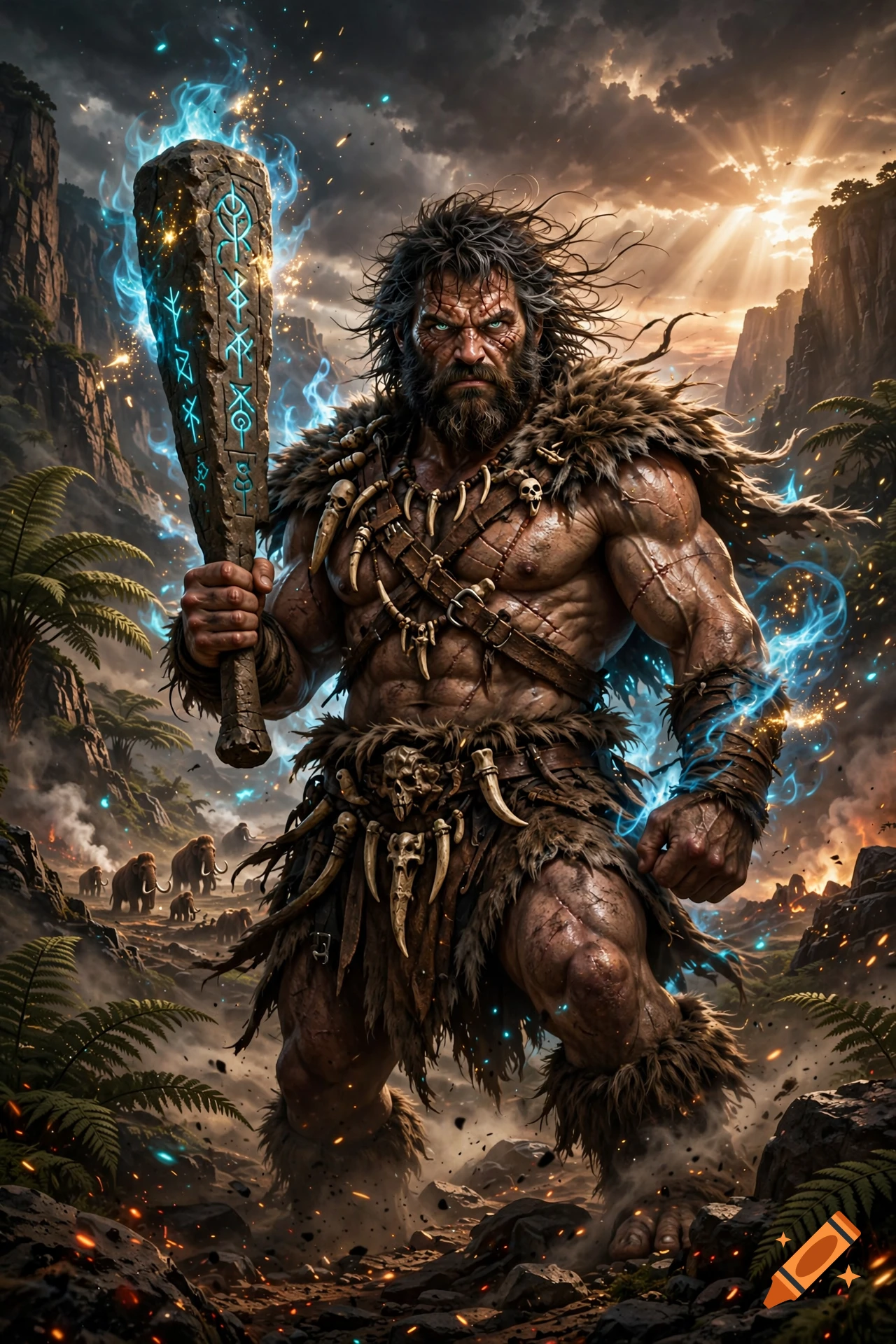A muscular prehistoric brawler with a beard, fur clothing, and glowing magical runes on a stone club, standing in a canyon landscape.