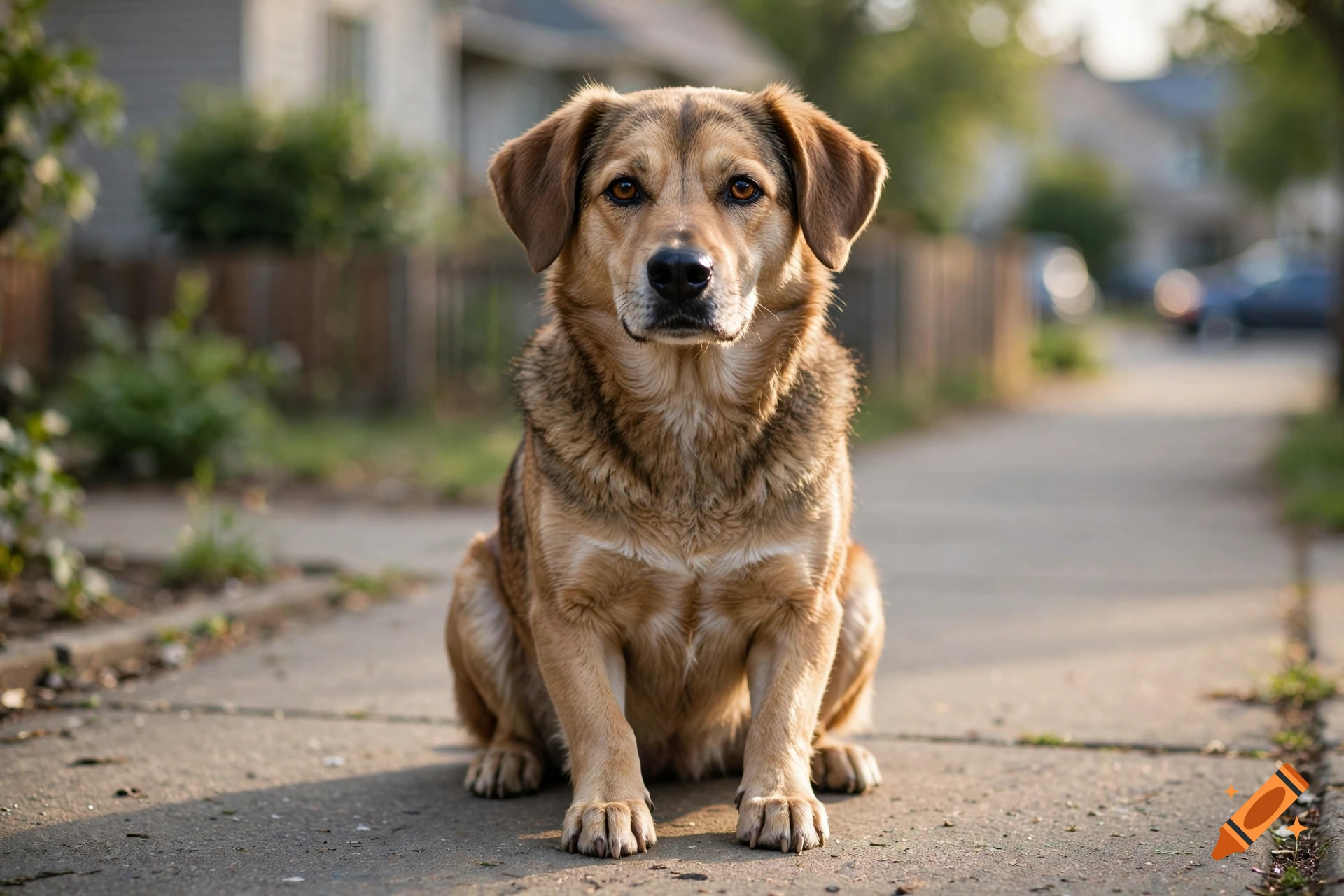 Photorealistic medium-sized brown dog sitting attentively on a concrete sidewalk in a residential neighborhood.